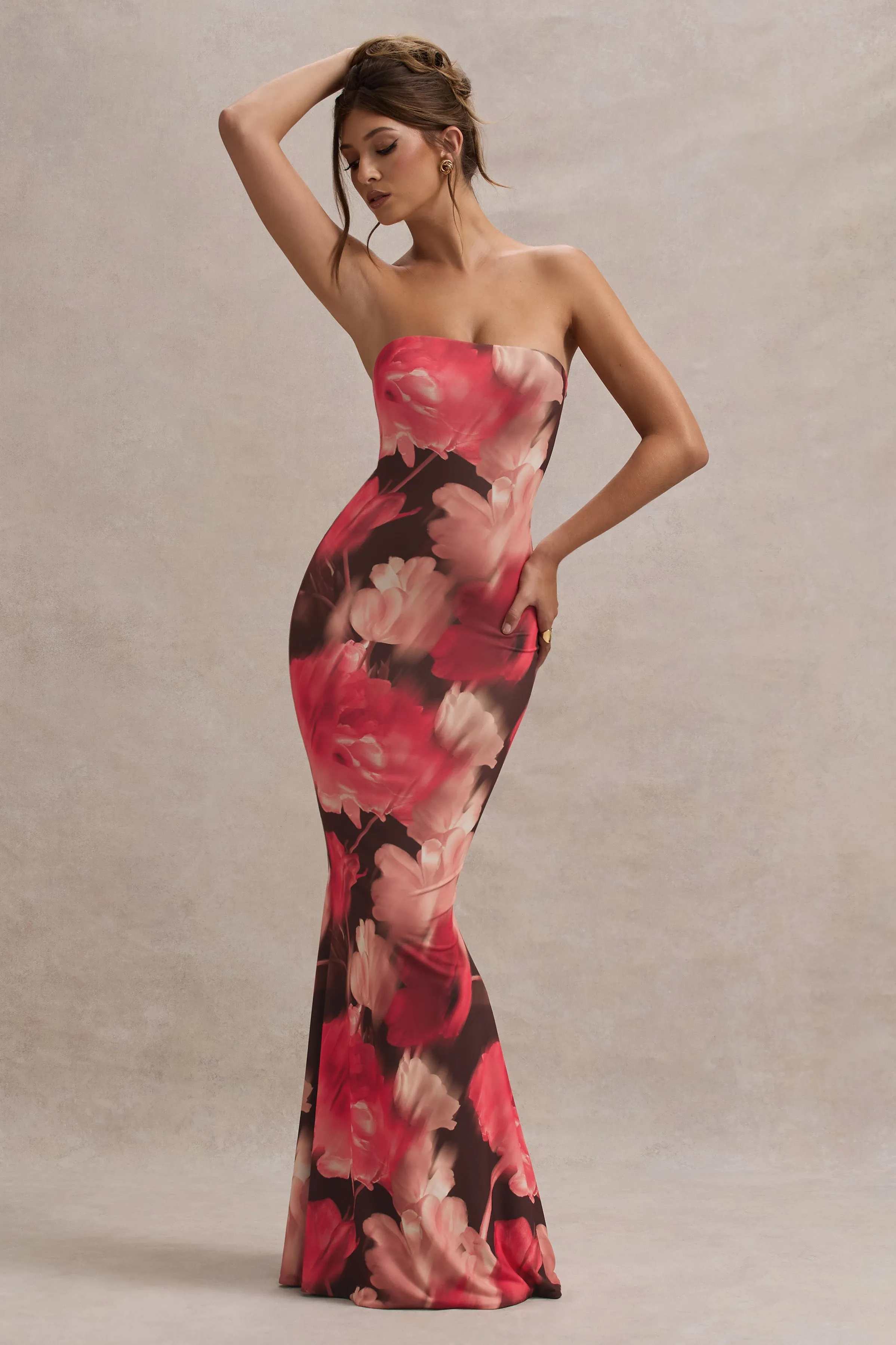 Ceremony | Red Floral Print Bandeau Fishtail Maxi Dress sold by Club L London product image thumbnail 5