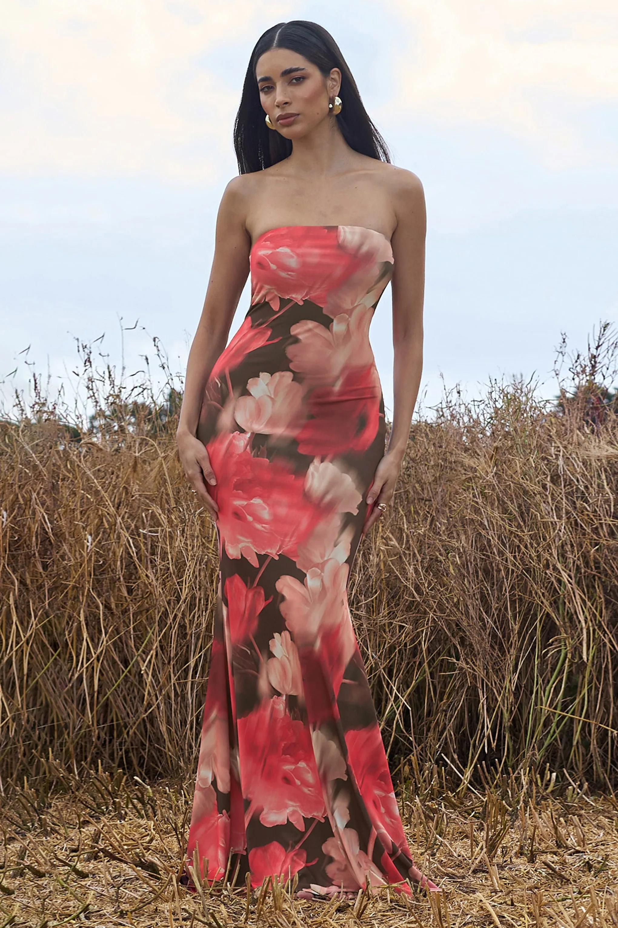 Ceremony | Red Floral Print Bandeau Fishtail Maxi Dress sold by Club L London product image thumbnail 3