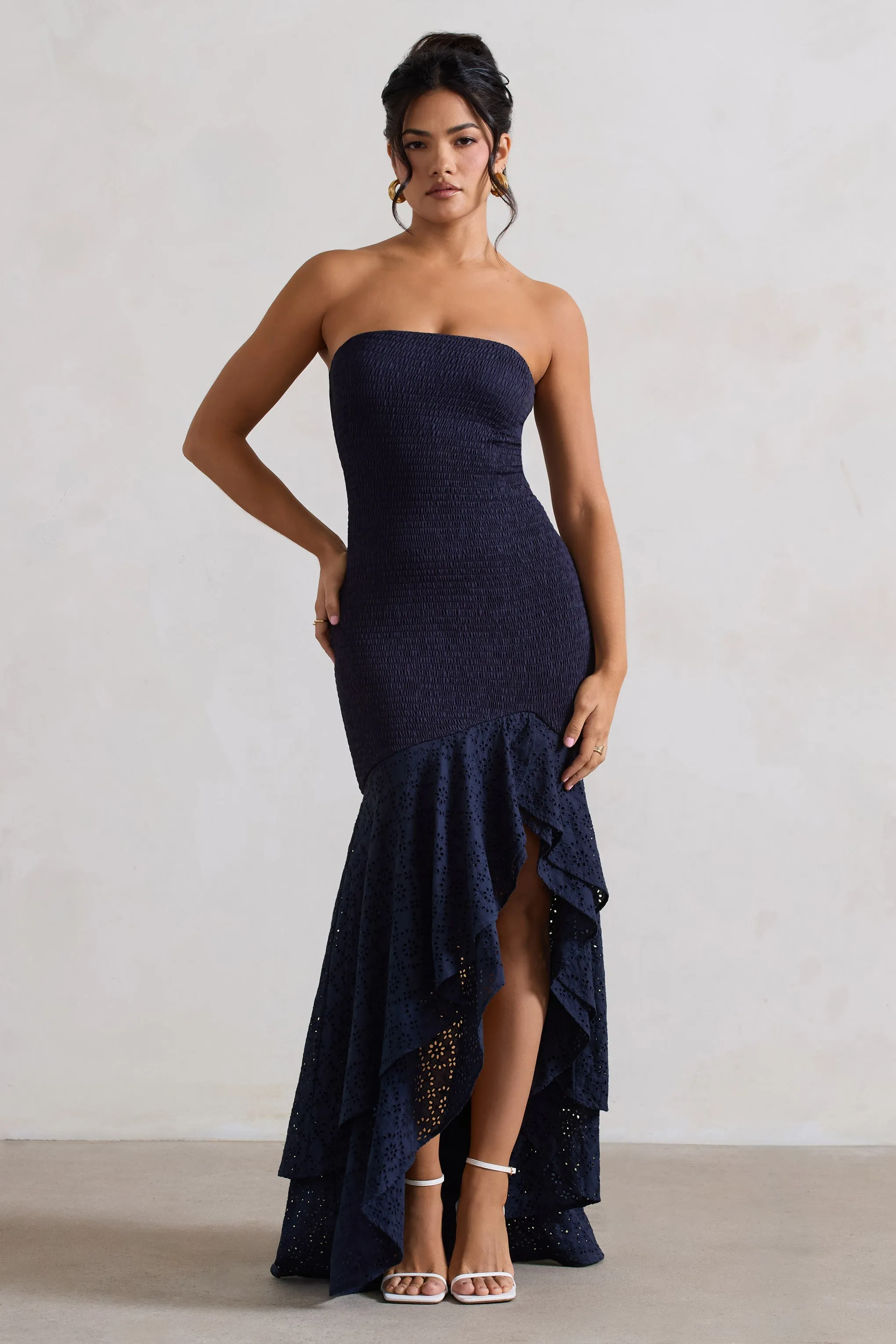 Solange | Navy Broderie Bandeau High-Low Maxi Dress sold by Club L London product image thumbnail 4