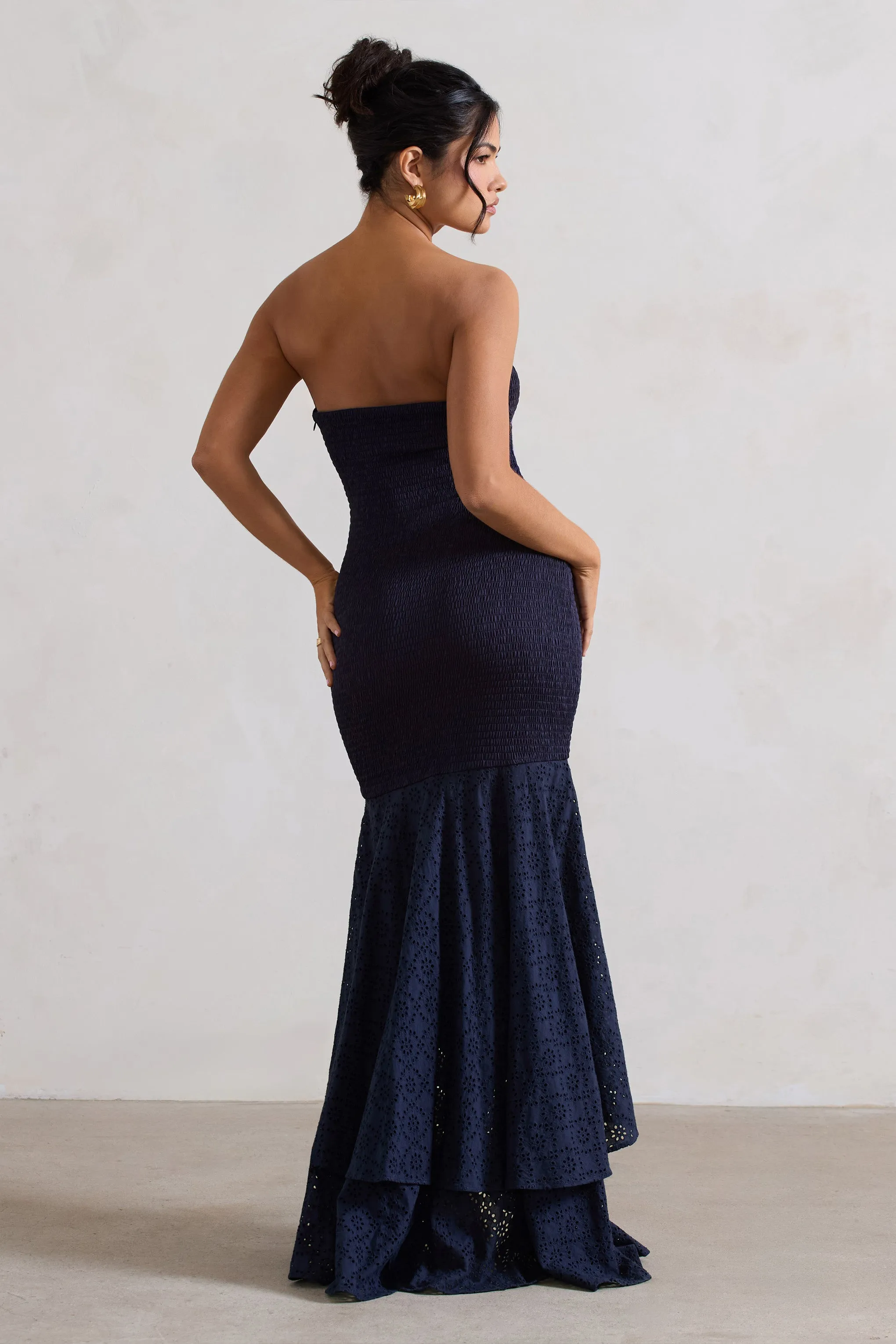 Solange | Navy Broderie Bandeau High-Low Maxi Dress sold by Club L London product image thumbnail 2