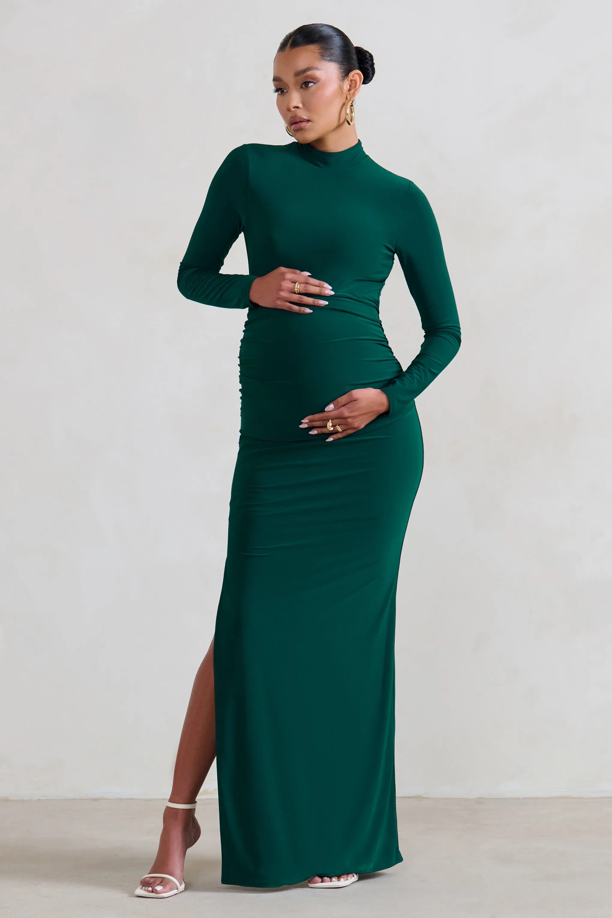 Alejandra | Green Maternity Long Sleeve High Neck Maxi Dress sold by Club L London product image thumbnail 4