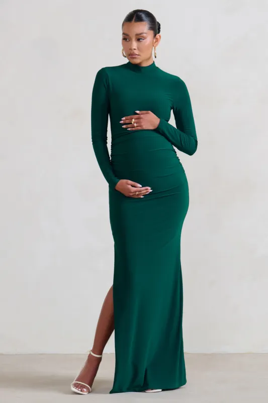 Alejandra | Green Maternity Long Sleeve High Neck Maxi Dress sold by Club L London