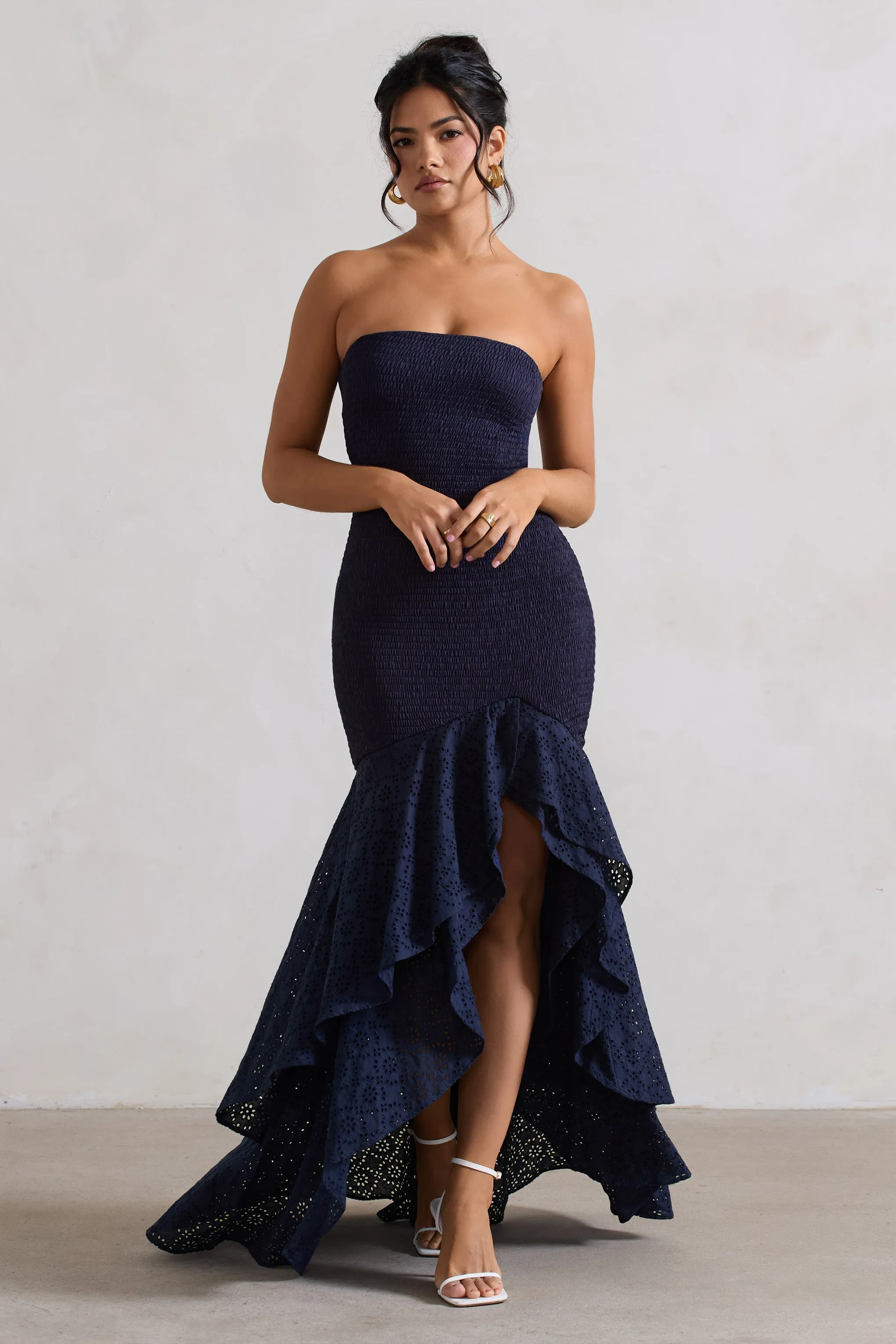 Solange | Navy Broderie Bandeau High-Low Maxi Dress sold by Club L London product image thumbnail 5