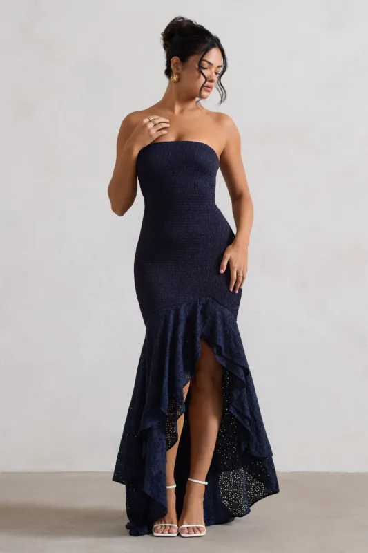Solange | Navy Broderie Bandeau High-Low Maxi Dress sold by Club L London