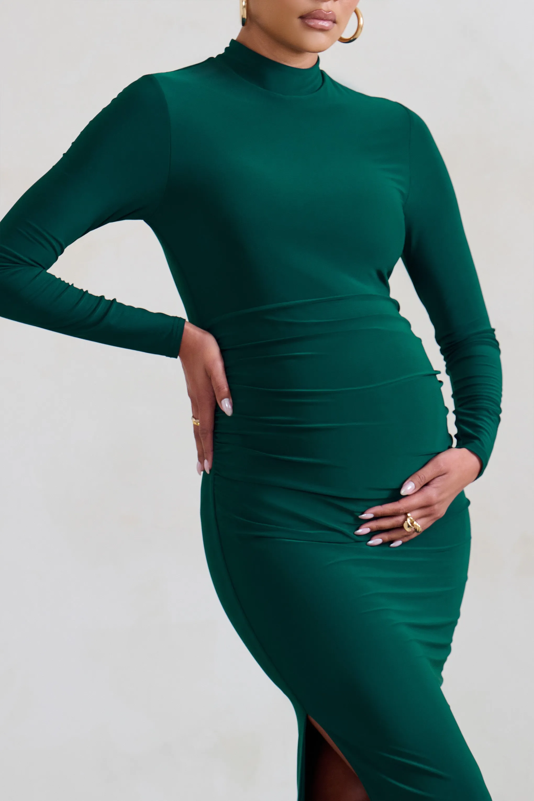 Alejandra | Green Maternity Long Sleeve High Neck Maxi Dress sold by Club L London product image thumbnail 3
