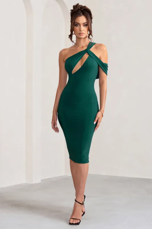 Ella | Bottle Green Asymmetric Neck Cut Out Midi Dress sold by Club L London