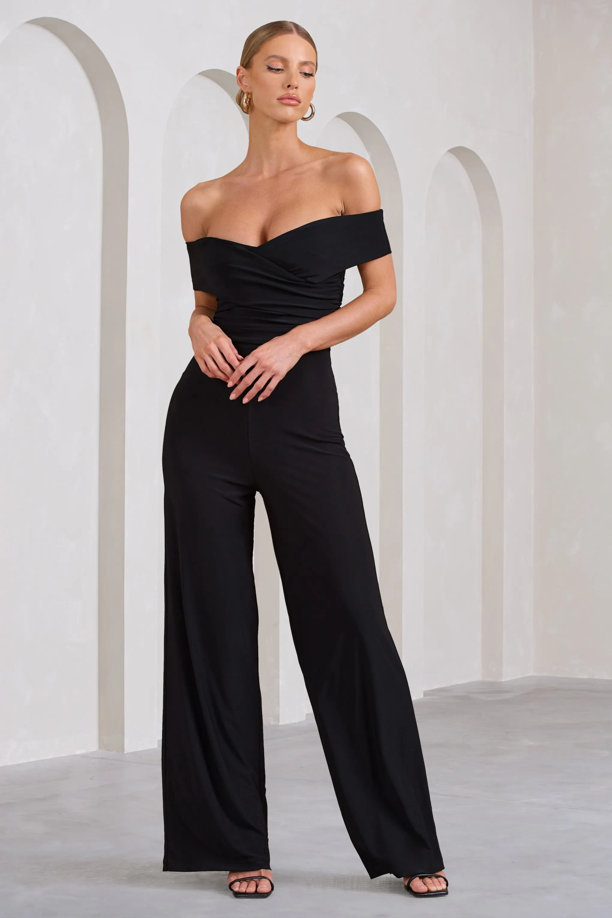Recognition | Black Off The Shoulder Ruched Jumpsuit sold by Club L London