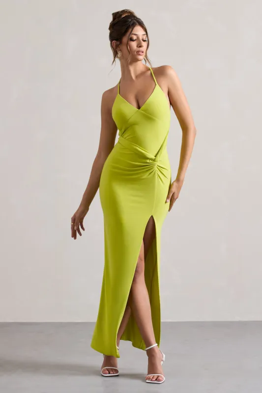 Domenica | Lime Green Halter-Neck Wrap Maxi Dress sold by Club L London