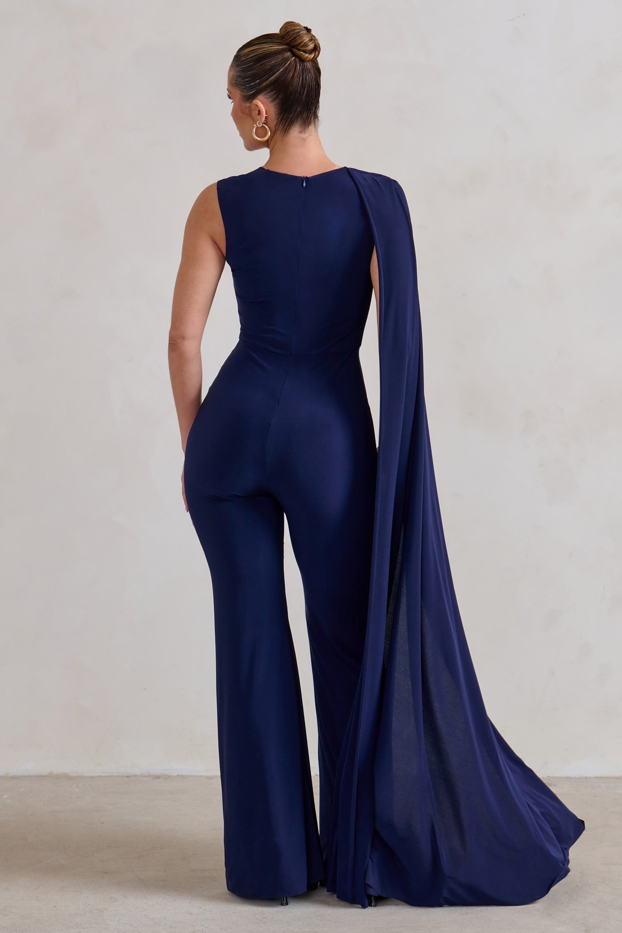 Vivi | Navy Asymmetric Cape Sleeve Jumpsuit sold by Club L London product image thumbnail 2
