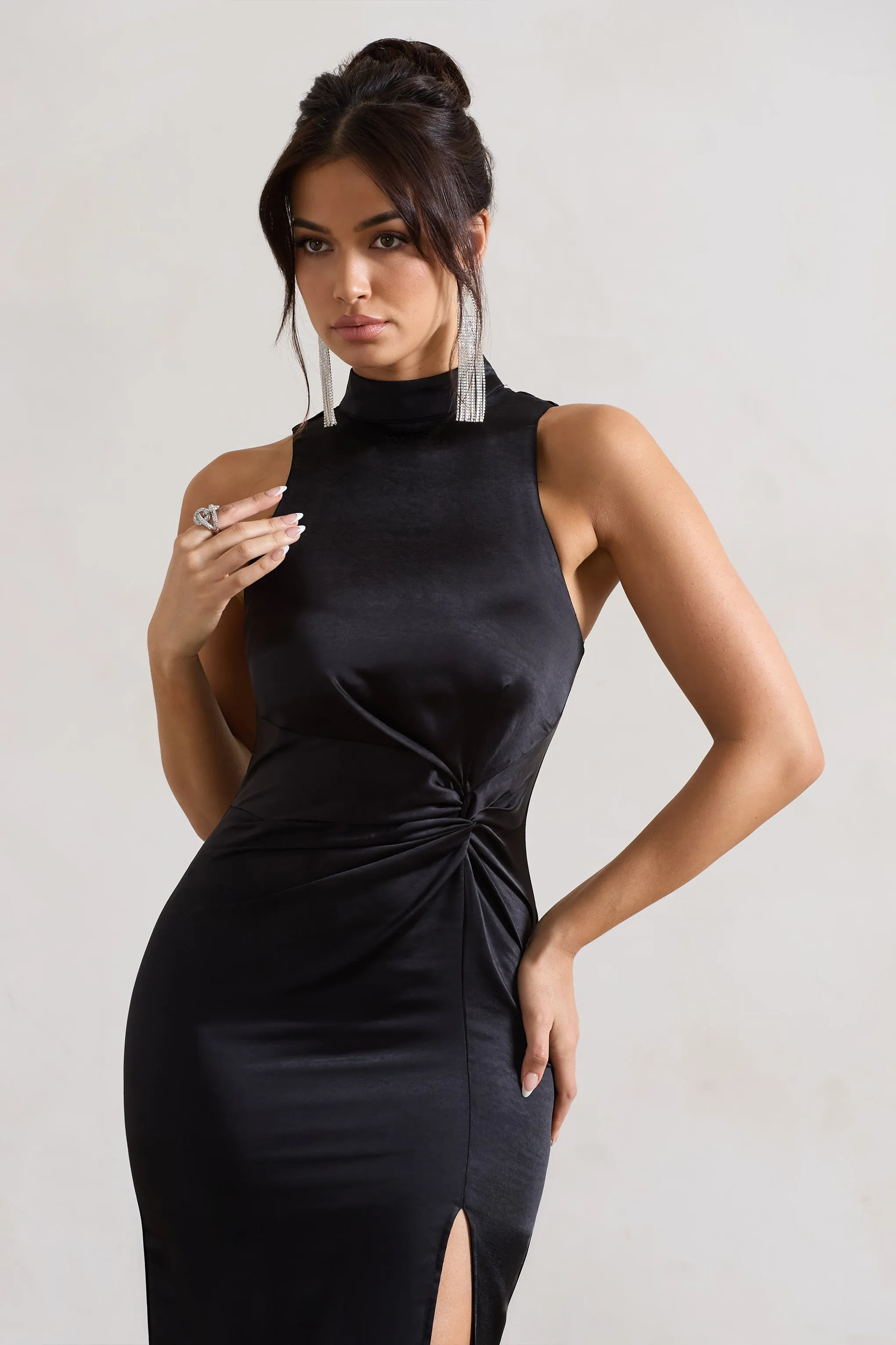 Zoe | Black Satin Twist Split Maxi Dress With Feather Trim sold by Club L London product image thumbnail 3