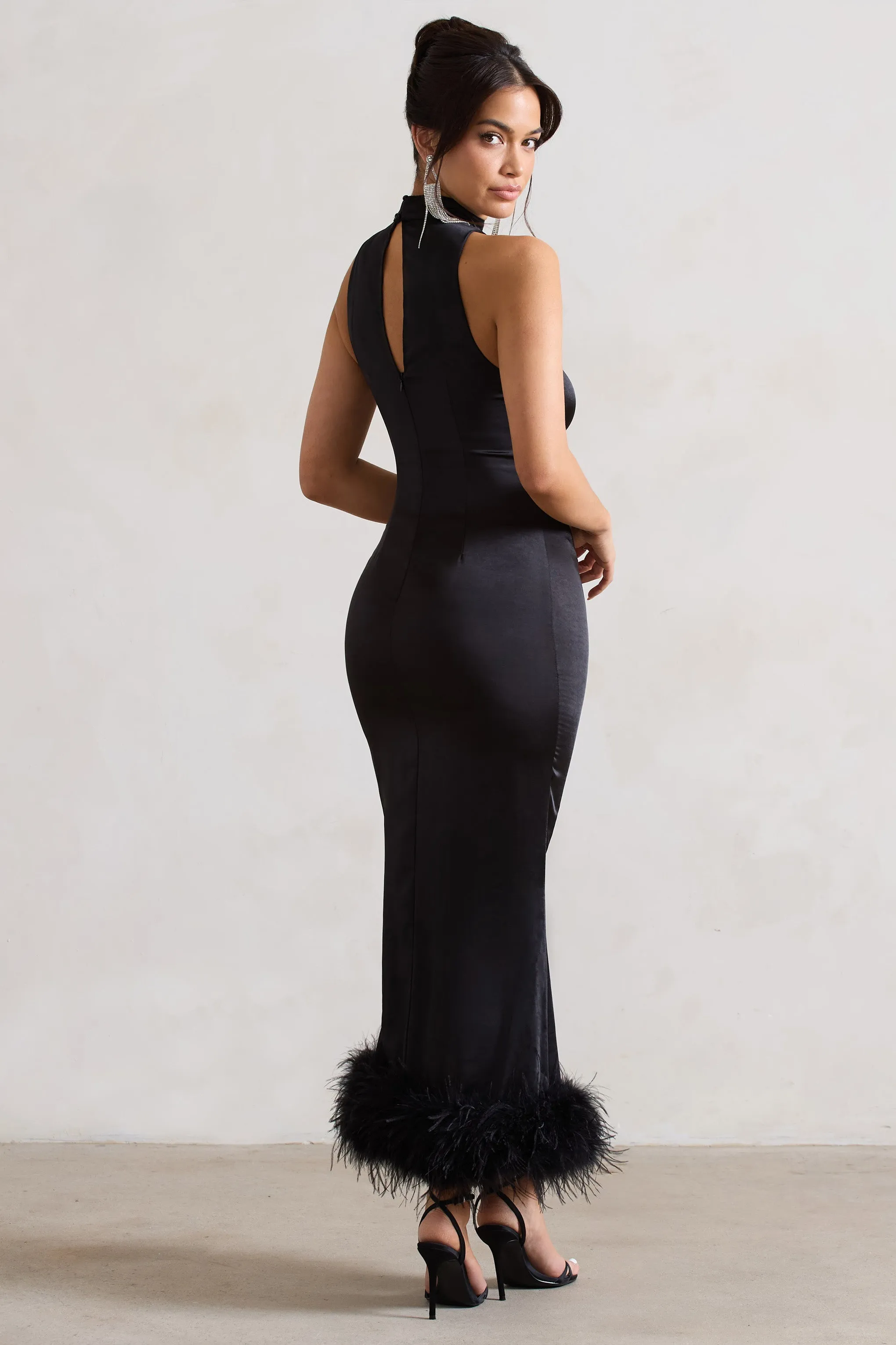 Zoe | Black Satin Twist Split Maxi Dress With Feather Trim sold by Club L London product image thumbnail 2