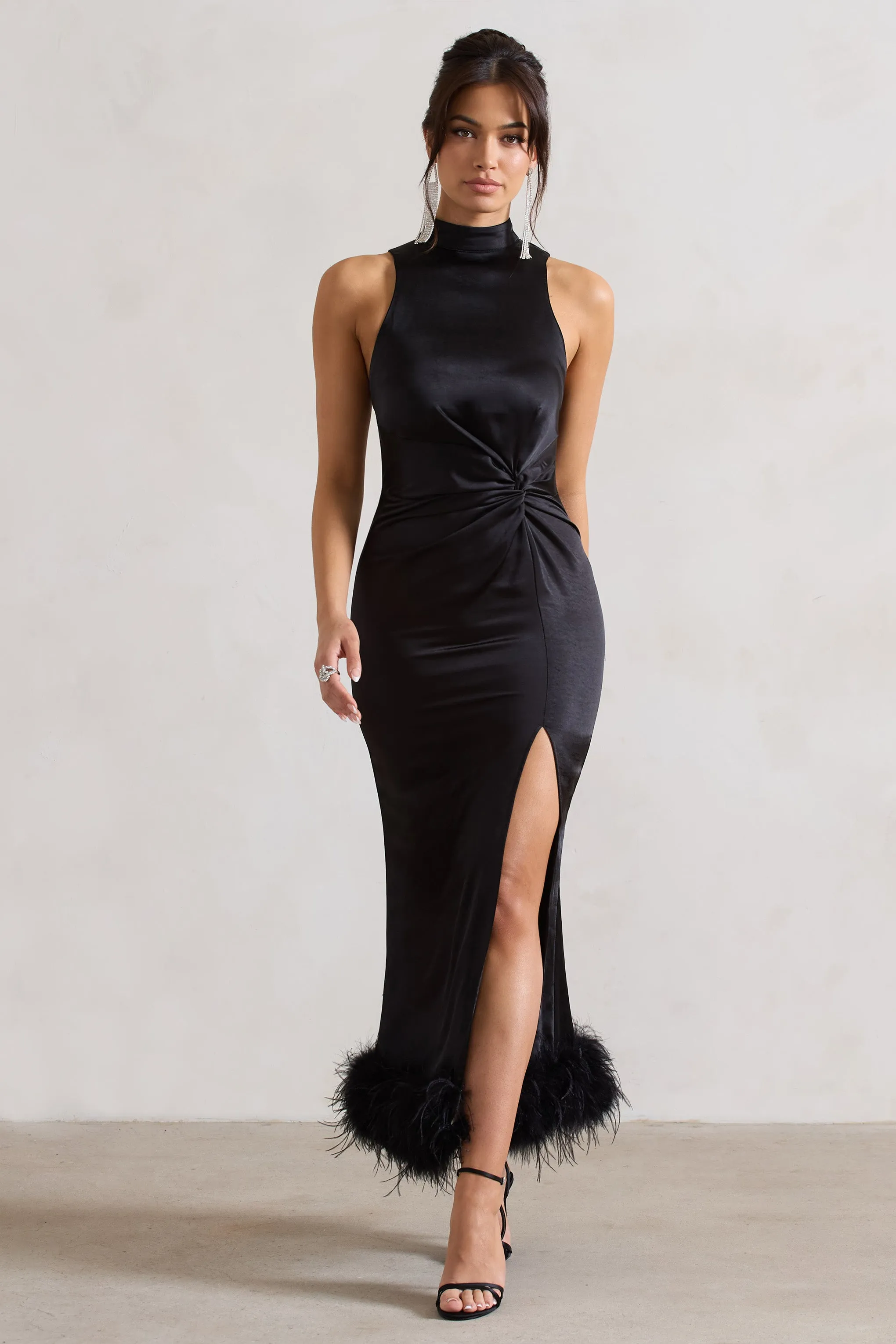 Zoe | Black Satin Twist Split Maxi Dress With Feather Trim sold by Club L London product image thumbnail 4