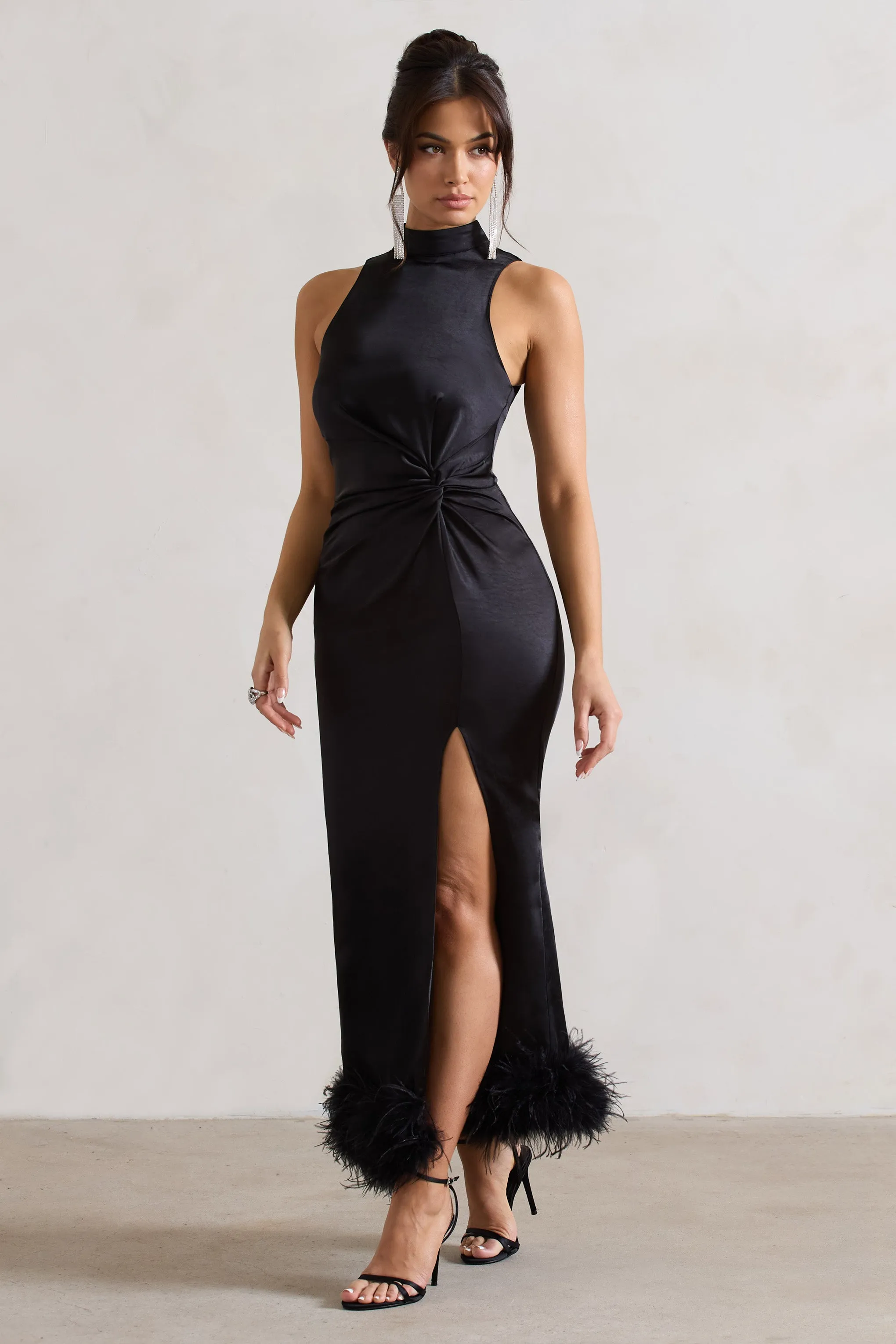 Zoe | Black Satin Twist Split Maxi Dress With Feather Trim sold by Club L London product image thumbnail 5
