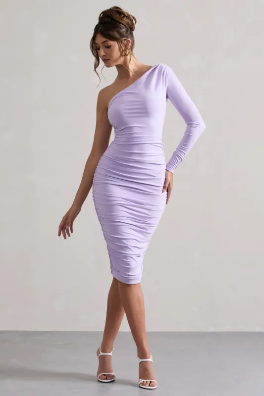 In The Shadows | Lilac One Sleeve Midi Dress With Ruching sold by Club L London
