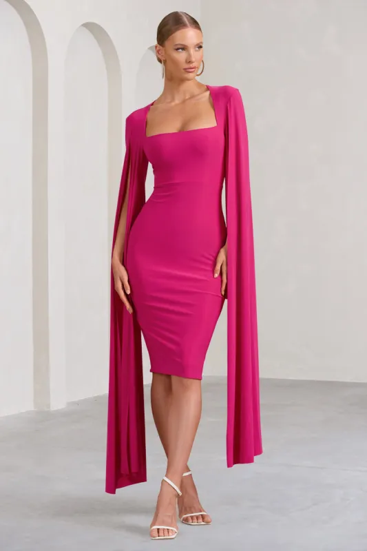 Flawless | Hot Pink Square Neck Midi Dress With Cape Sleeves sold by Club L London