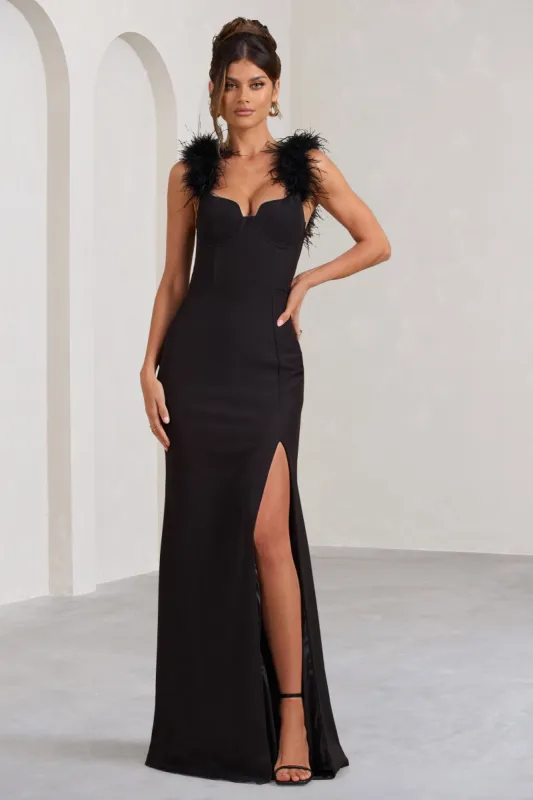 Lily | Black Feather Shoulder Corset Style Maxi Dress sold by Club L London