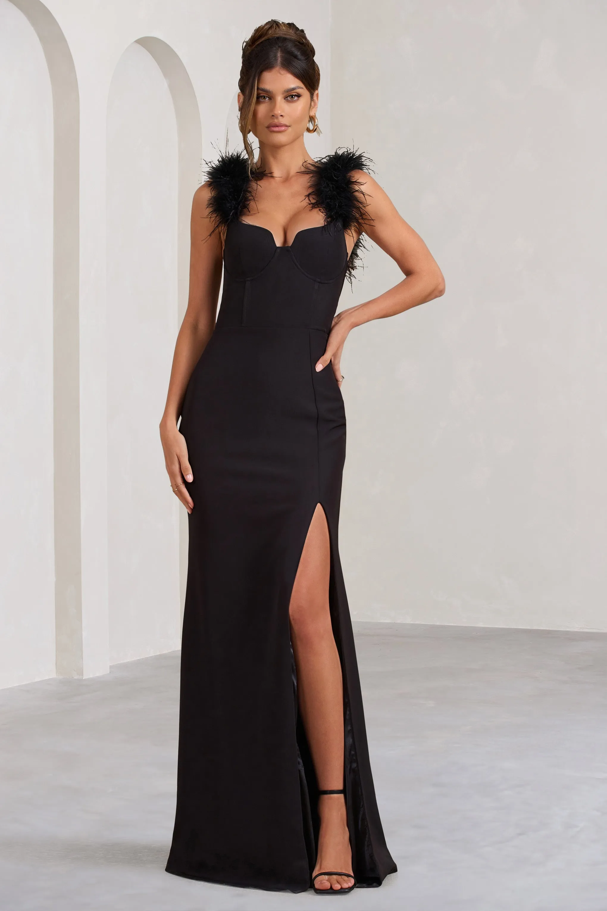 Lily | Black Feather Shoulder Corset Style Maxi Dress sold by Club L London