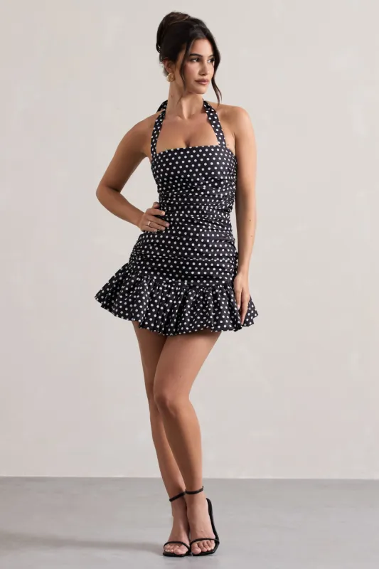 Zahra | Black & White Polka Dot Halter-Neck Ruched Mini Dress With Ruffle Hem sold by Club L London