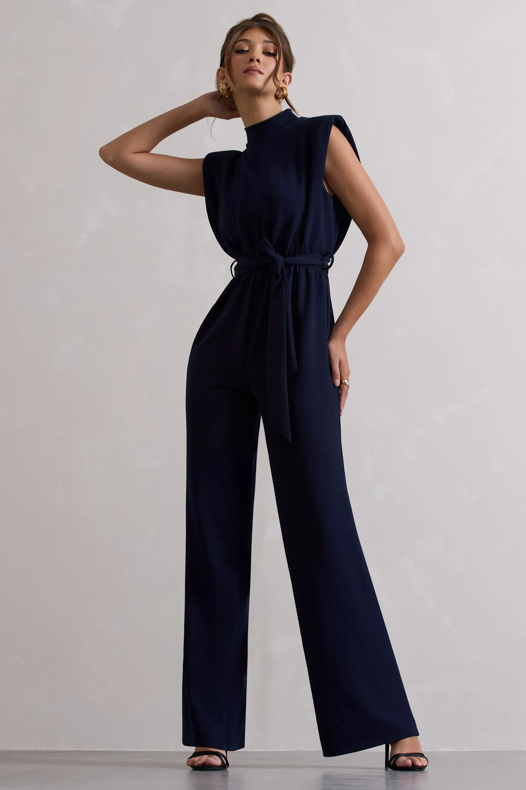 Kalona | Navy High-Neck Wide-Leg Jumpsuit With Tie Waist sold by Club L London product image thumbnail 5