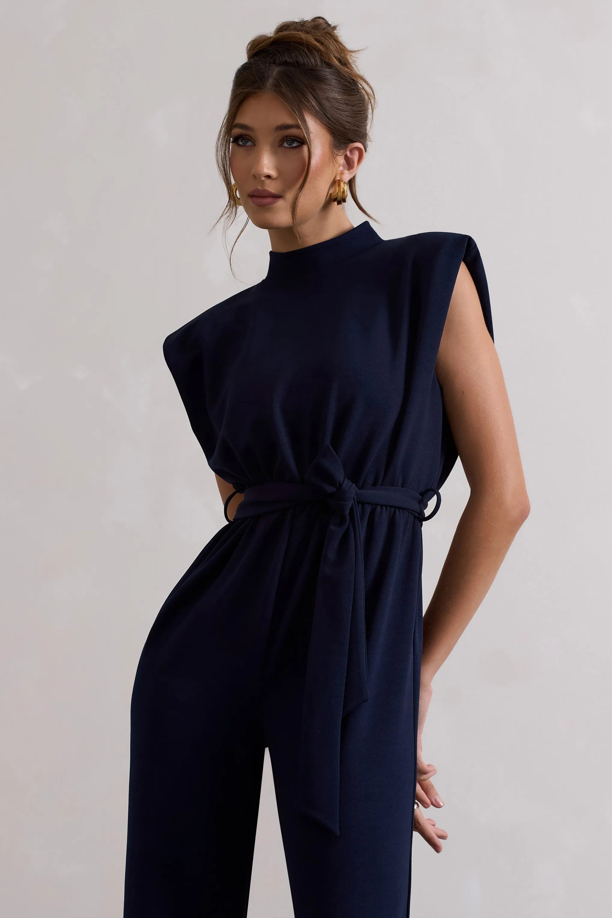 Kalona | Navy High-Neck Wide-Leg Jumpsuit With Tie Waist sold by Club L London product image thumbnail 3