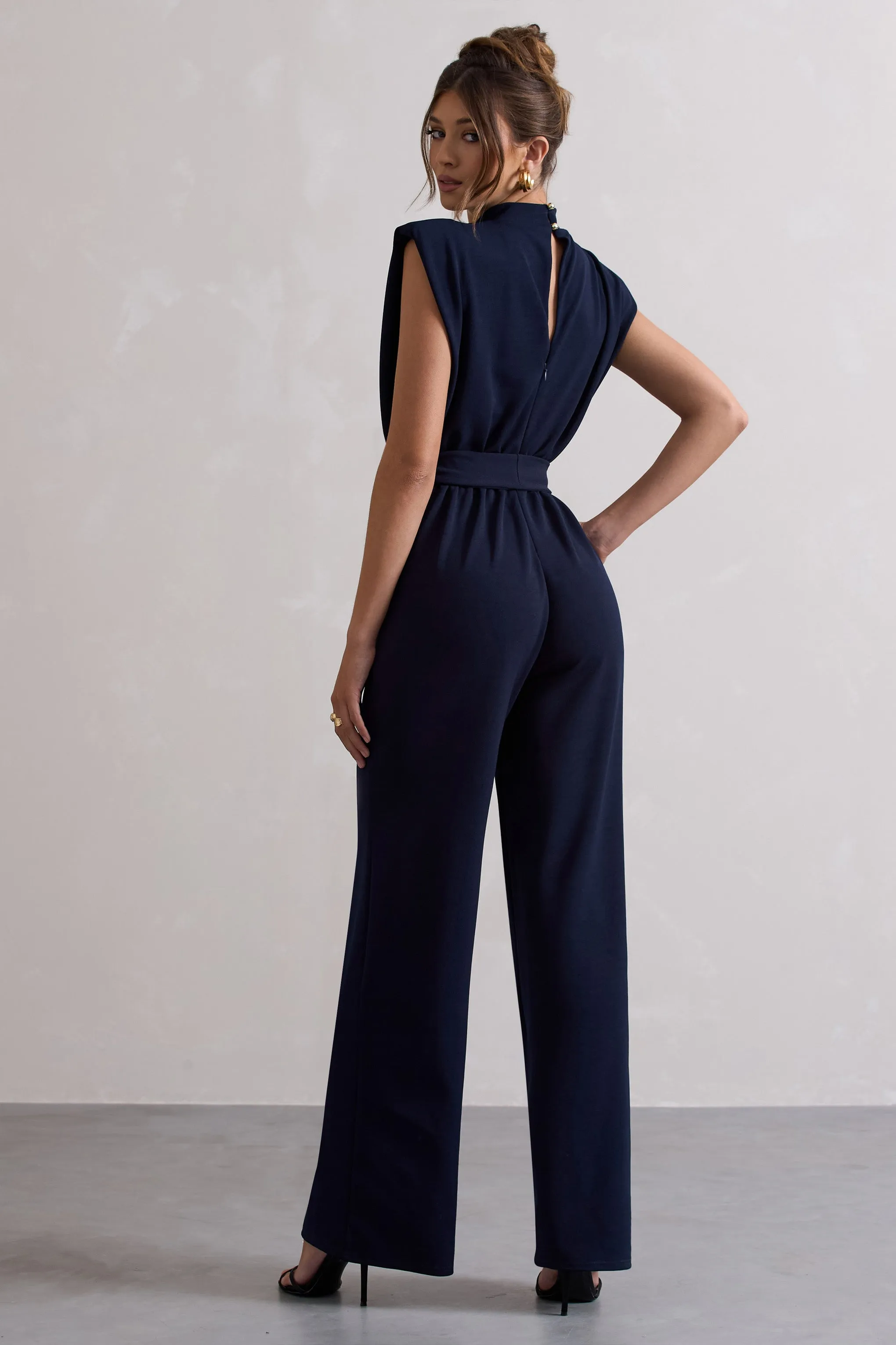 Kalona | Navy High-Neck Wide-Leg Jumpsuit With Tie Waist sold by Club L London product image thumbnail 2