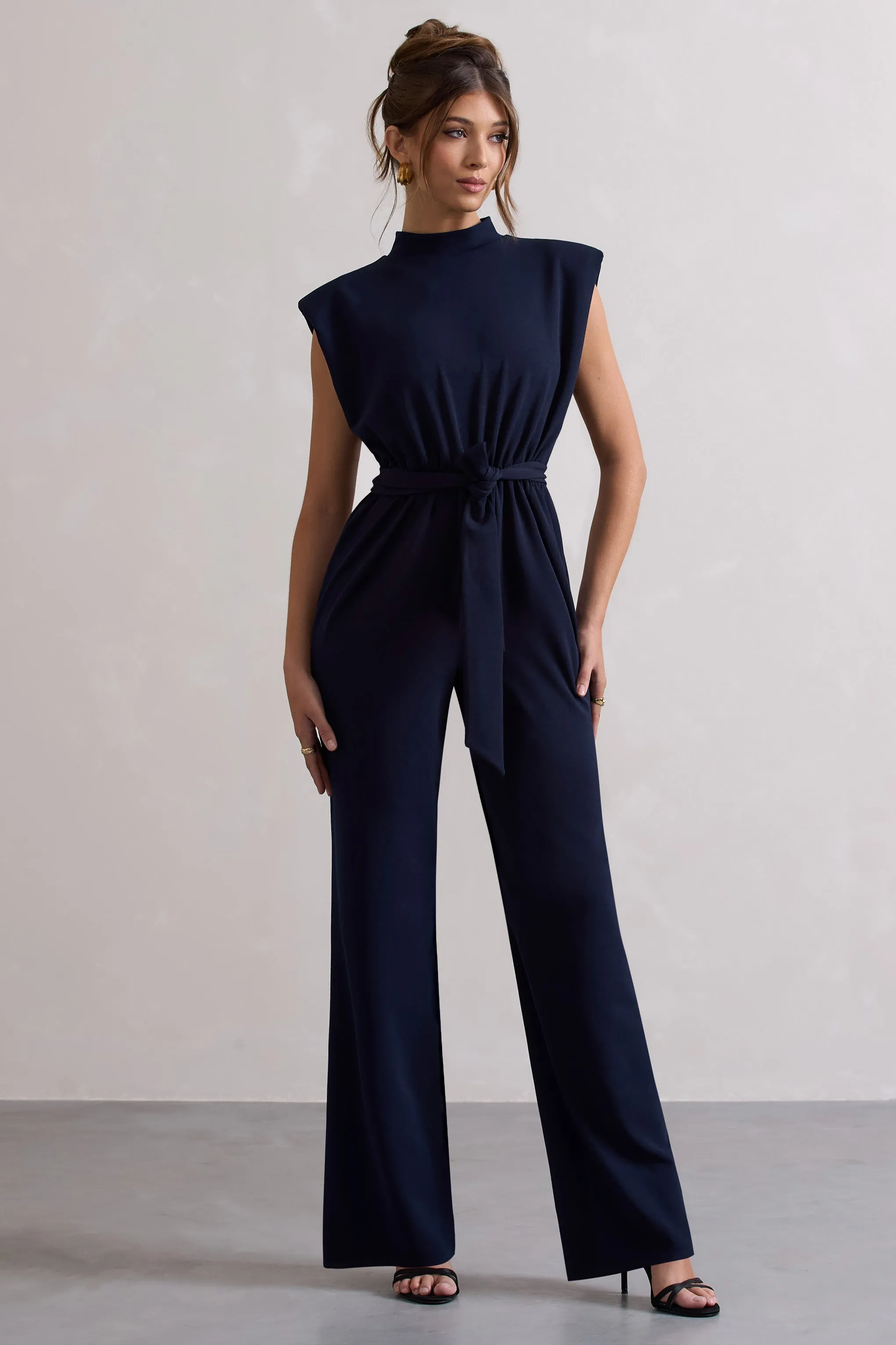 Kalona | Navy High-Neck Wide-Leg Jumpsuit With Tie Waist sold by Club L London