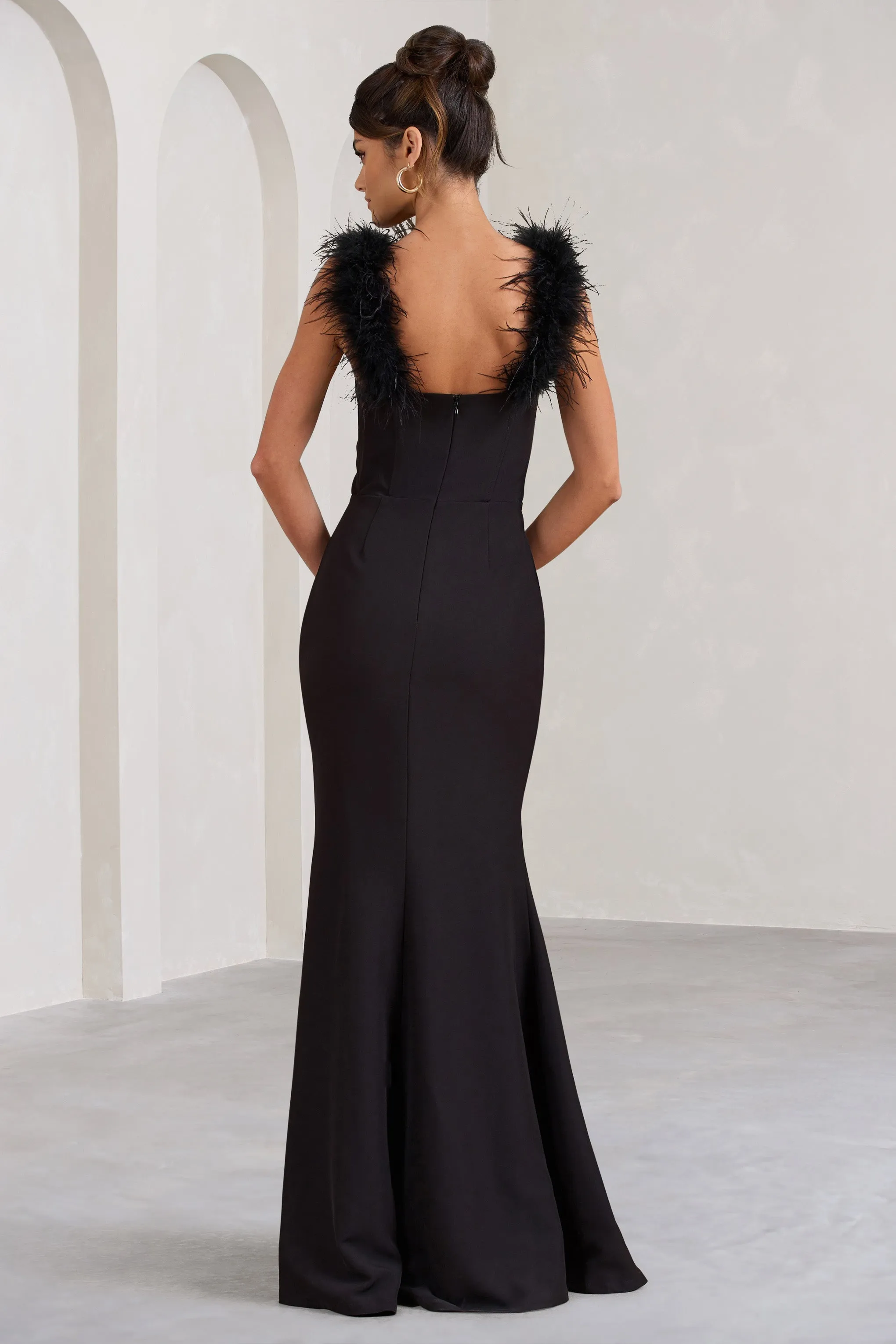 Lily | Black Feather Shoulder Corset Style Maxi Dress sold by Club L London product image thumbnail 2