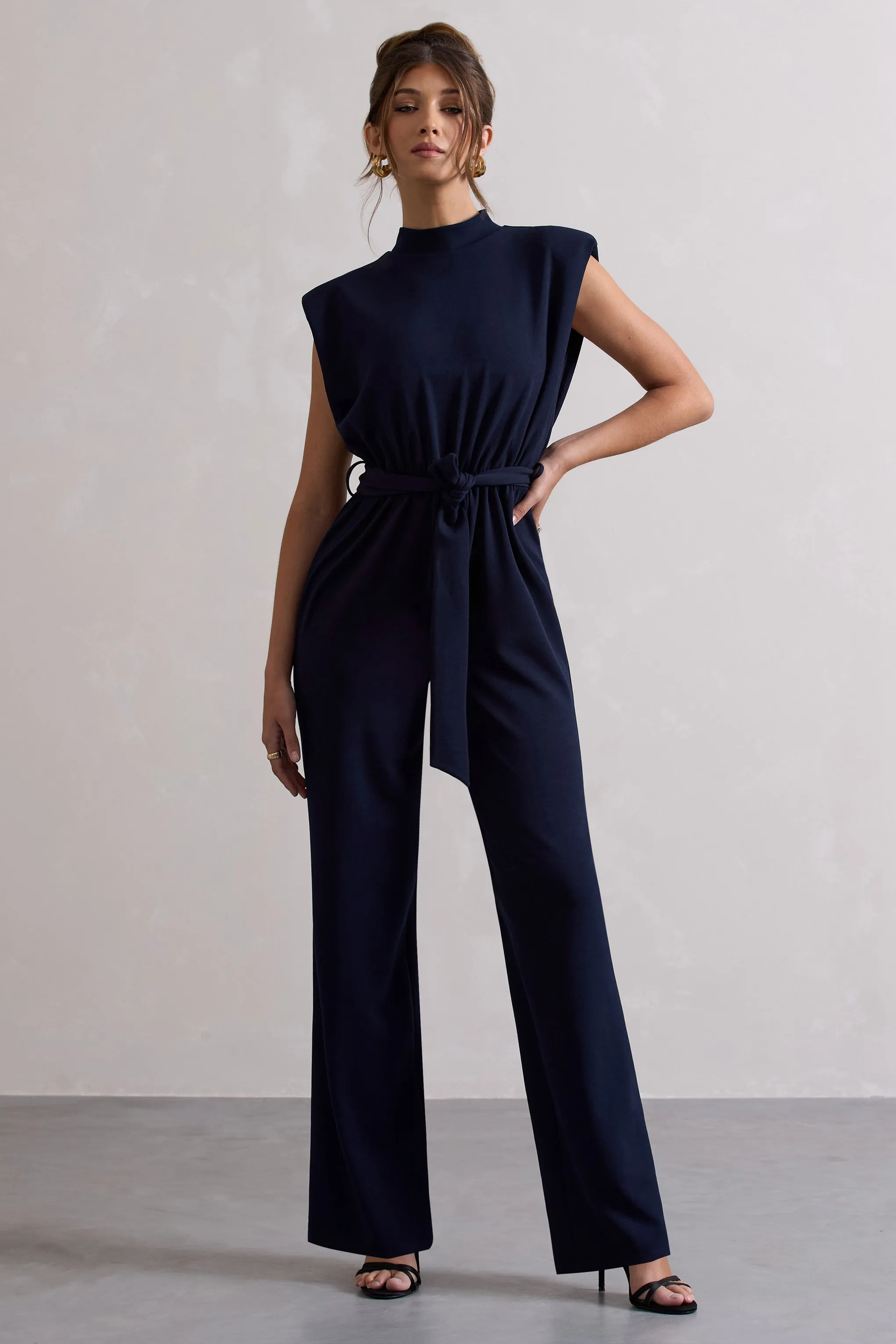 Kalona | Navy High-Neck Wide-Leg Jumpsuit With Tie Waist sold by Club L London product image thumbnail 4