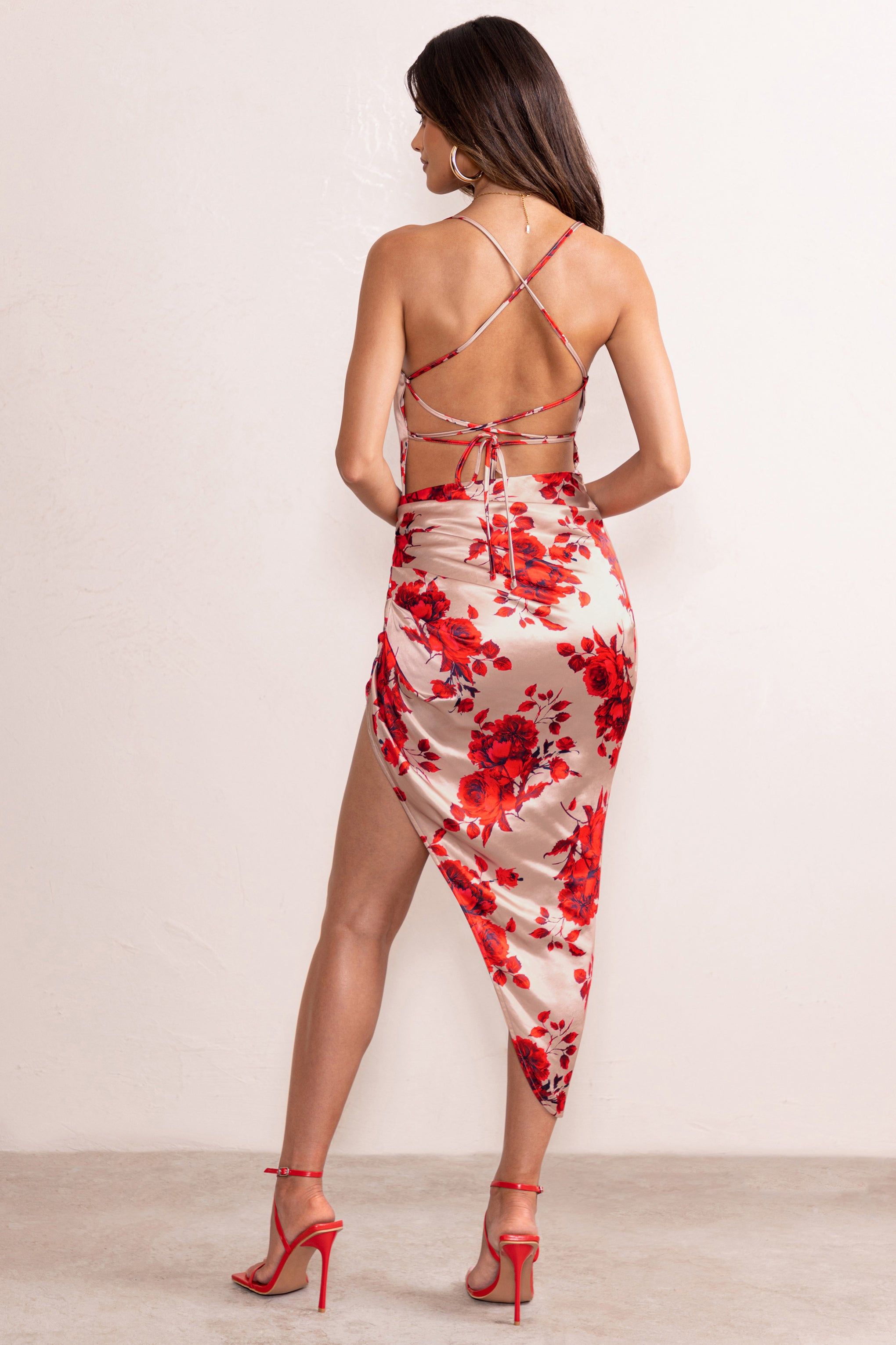 Risk It All | Champagne Floral Print Cami Cowl Neck Satin Asymmetric Hem Midi Dress sold by Club L London product image thumbnail 2