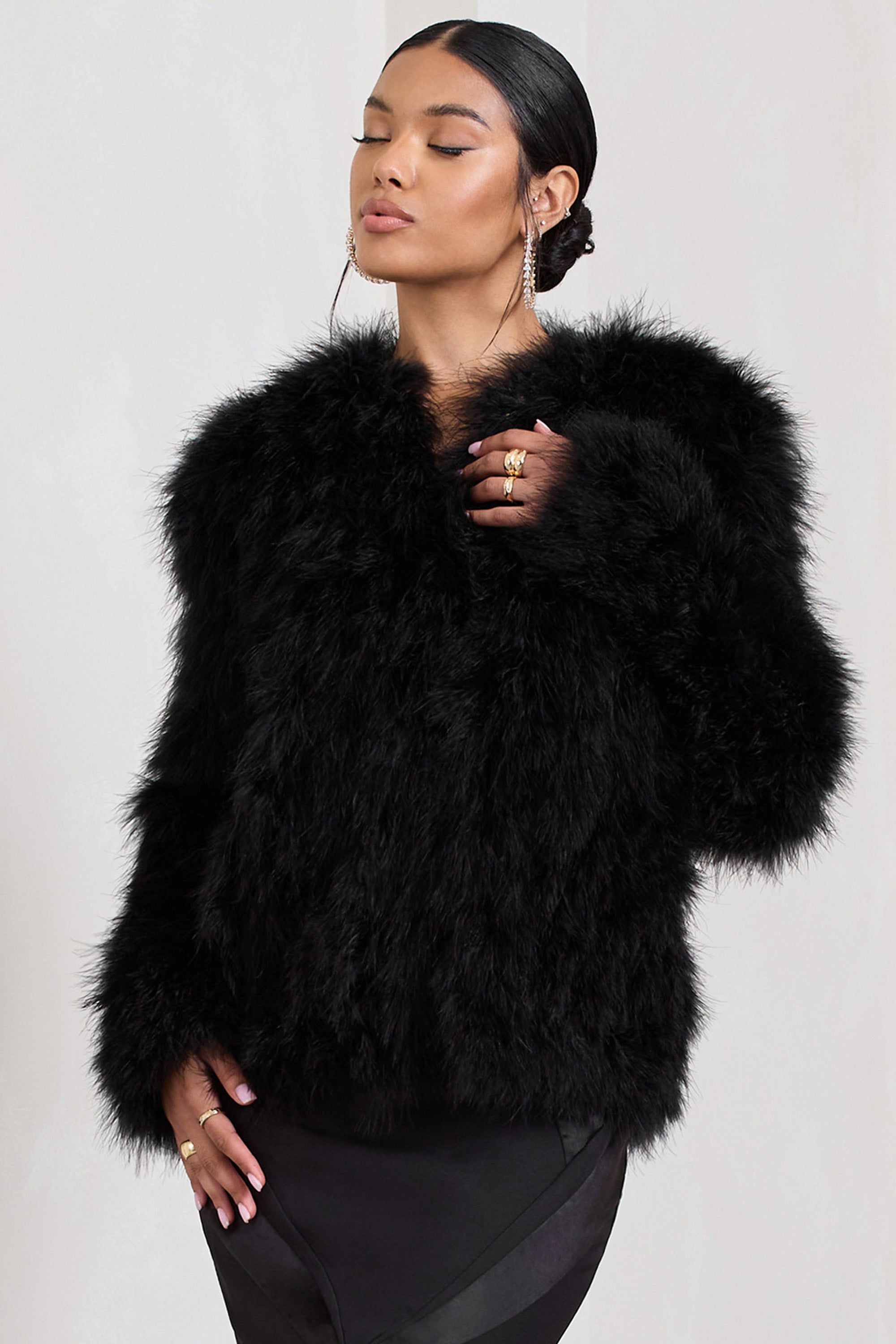 Aves | Black Short Fluffy Feather Jacket sold by Club L London product image thumbnail 4