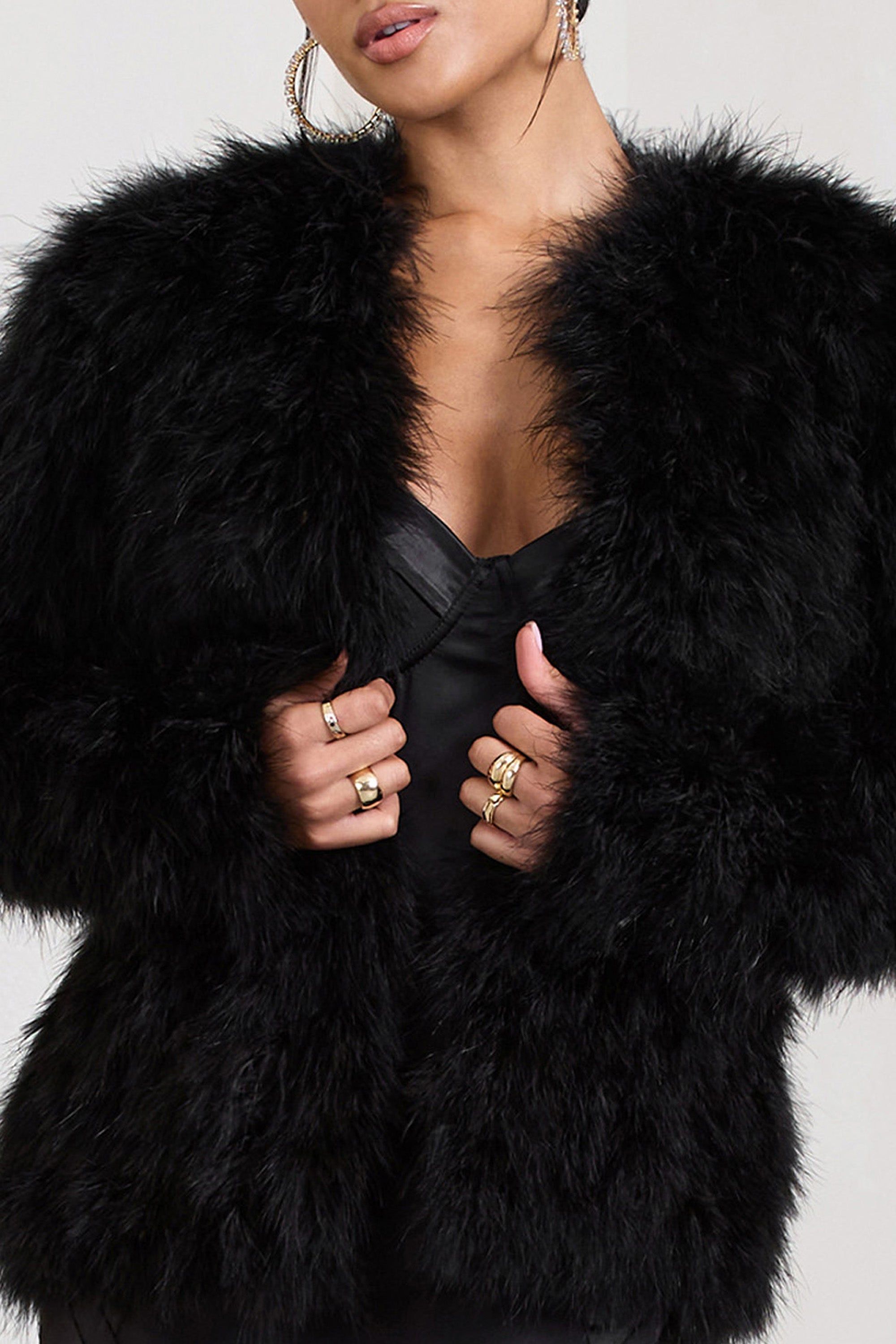 Aves | Black Short Fluffy Feather Jacket sold by Club L London product image thumbnail 3