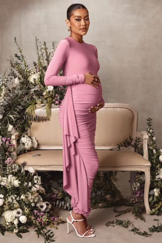 Never Let Go | Rose Pink Maternity One Shoulder Ruched Side Detail Maxi Dress sold by Club L London