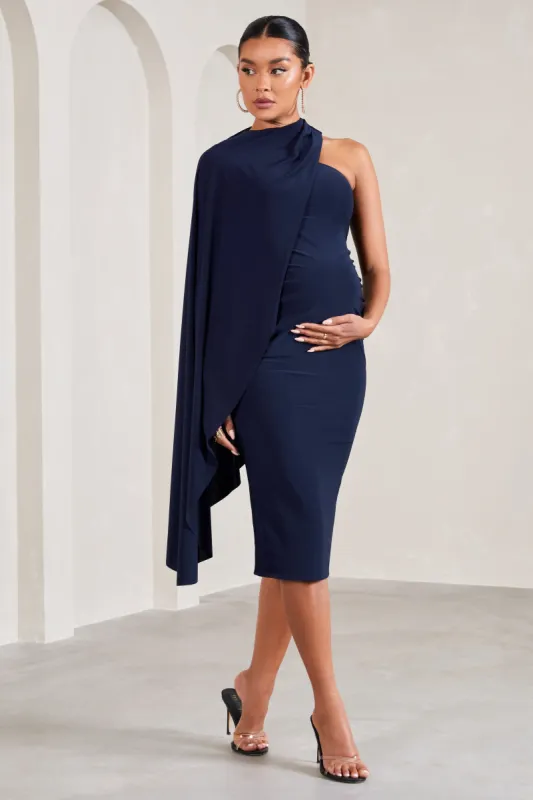 New Chapter | Navy Asymmetric Maternity Midi Dress With Cape sold by Club L London