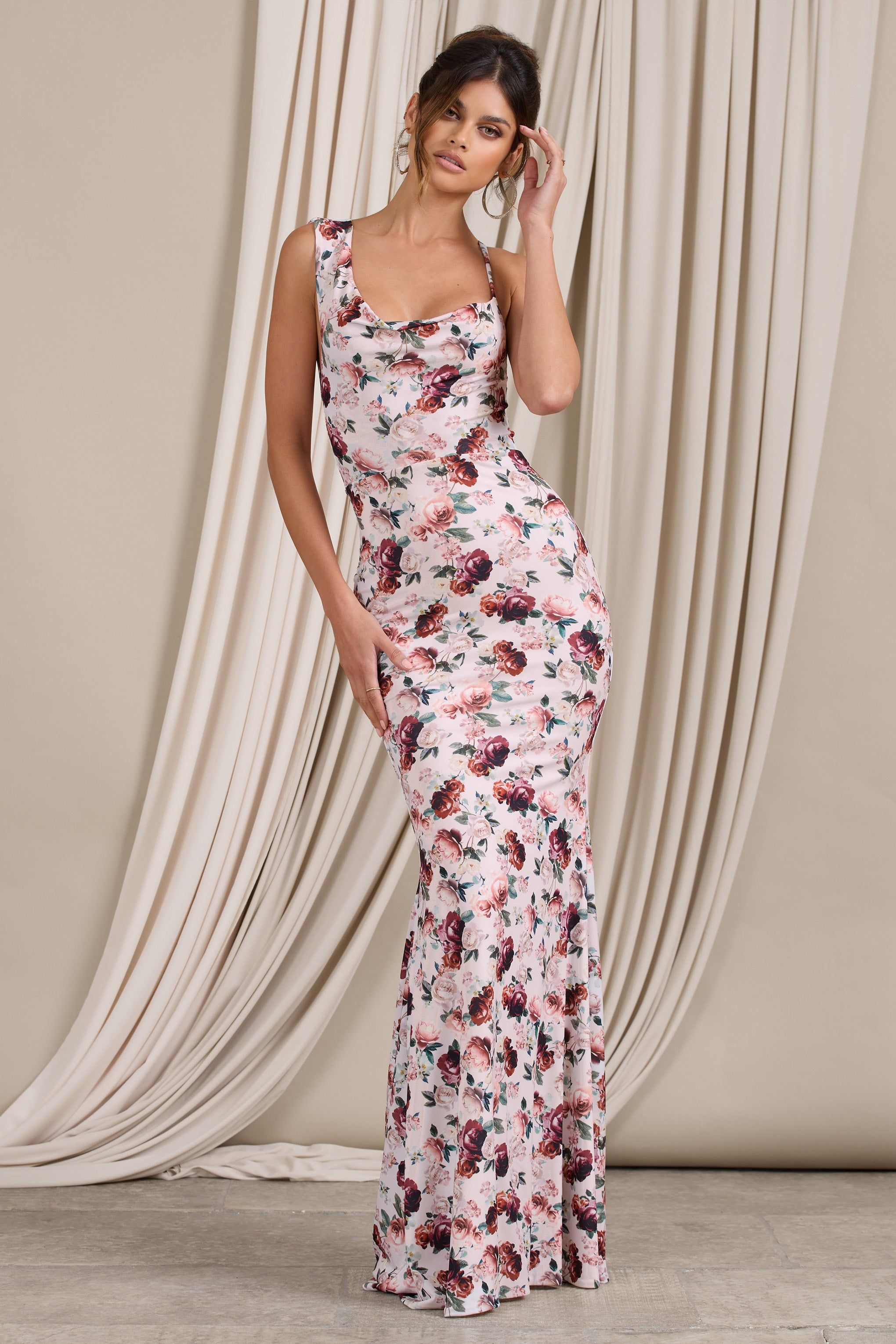 Phantasy | White Floral Print Asymmetric Neckline Cowl Maxi Dress sold by Club L London product image thumbnail 6