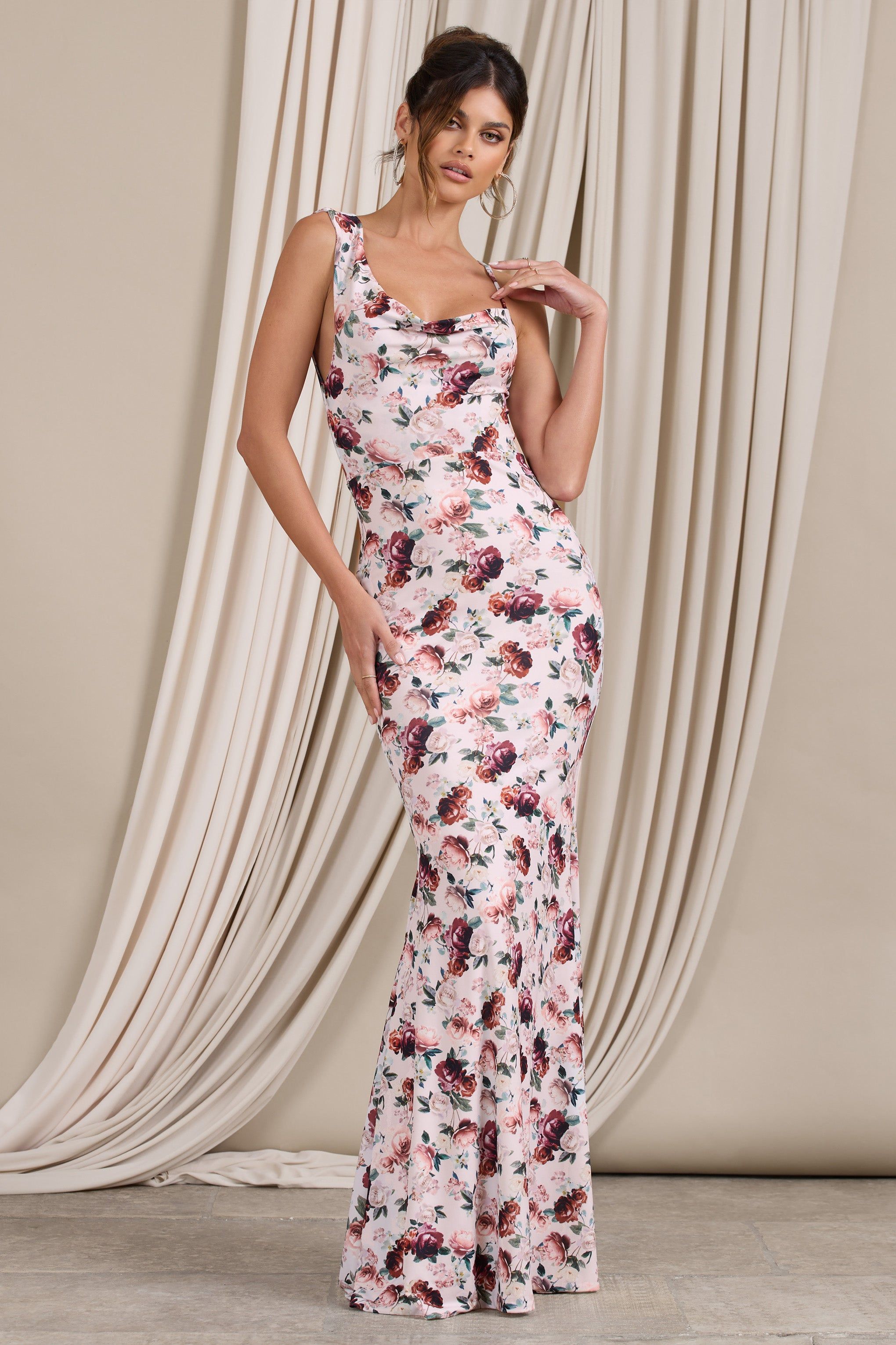 Phantasy | White Floral Print Asymmetric Neckline Cowl Maxi Dress sold by Club L London product image thumbnail 2