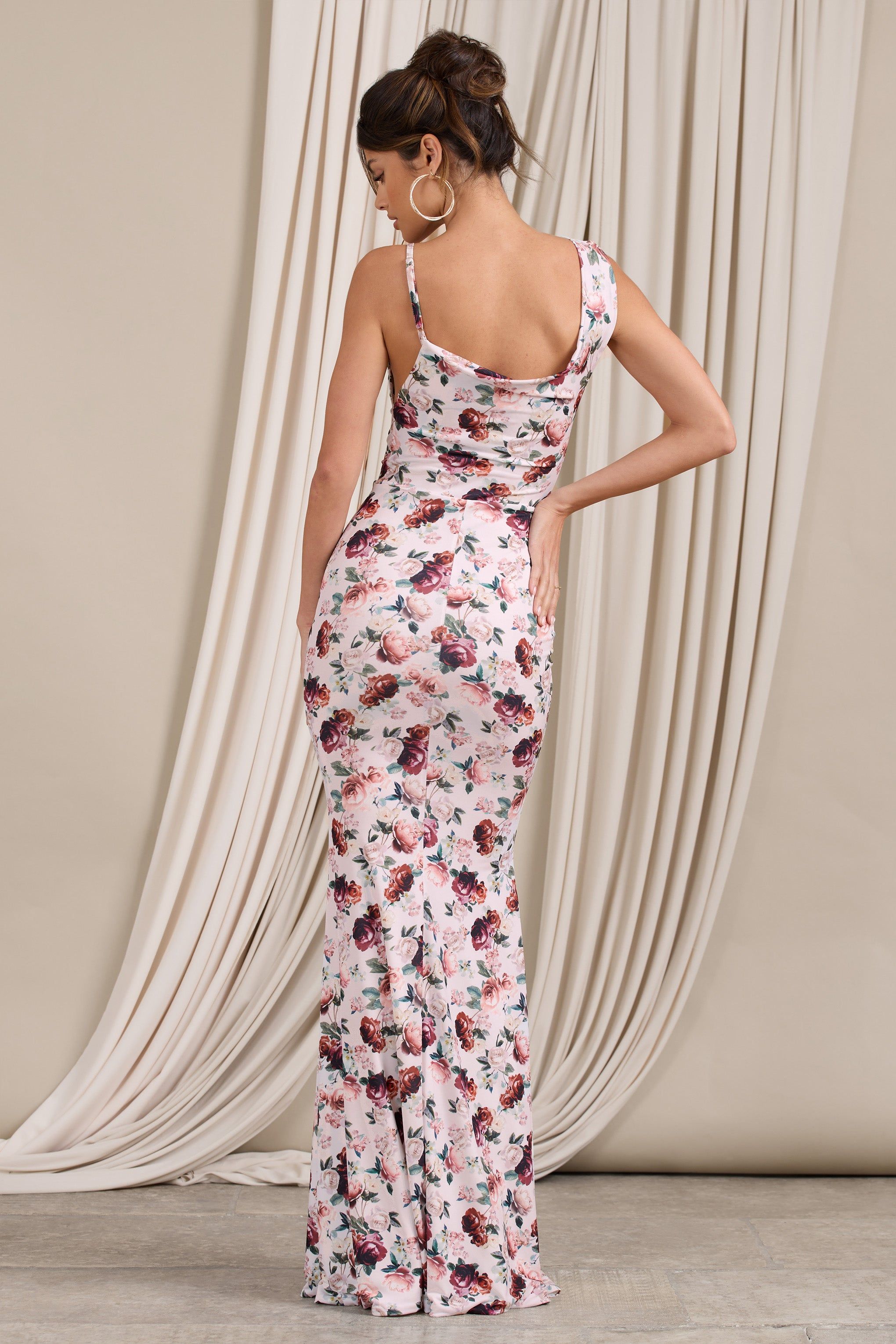 Phantasy | White Floral Print Asymmetric Neckline Cowl Maxi Dress sold by Club L London product image thumbnail 3