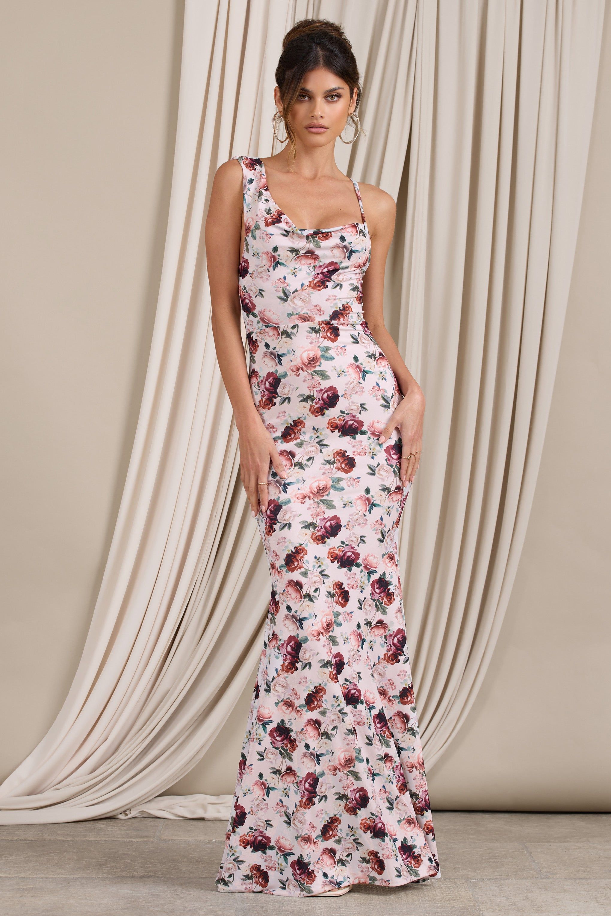 Phantasy | White Floral Print Asymmetric Neckline Cowl Maxi Dress sold by Club L London product image thumbnail 5