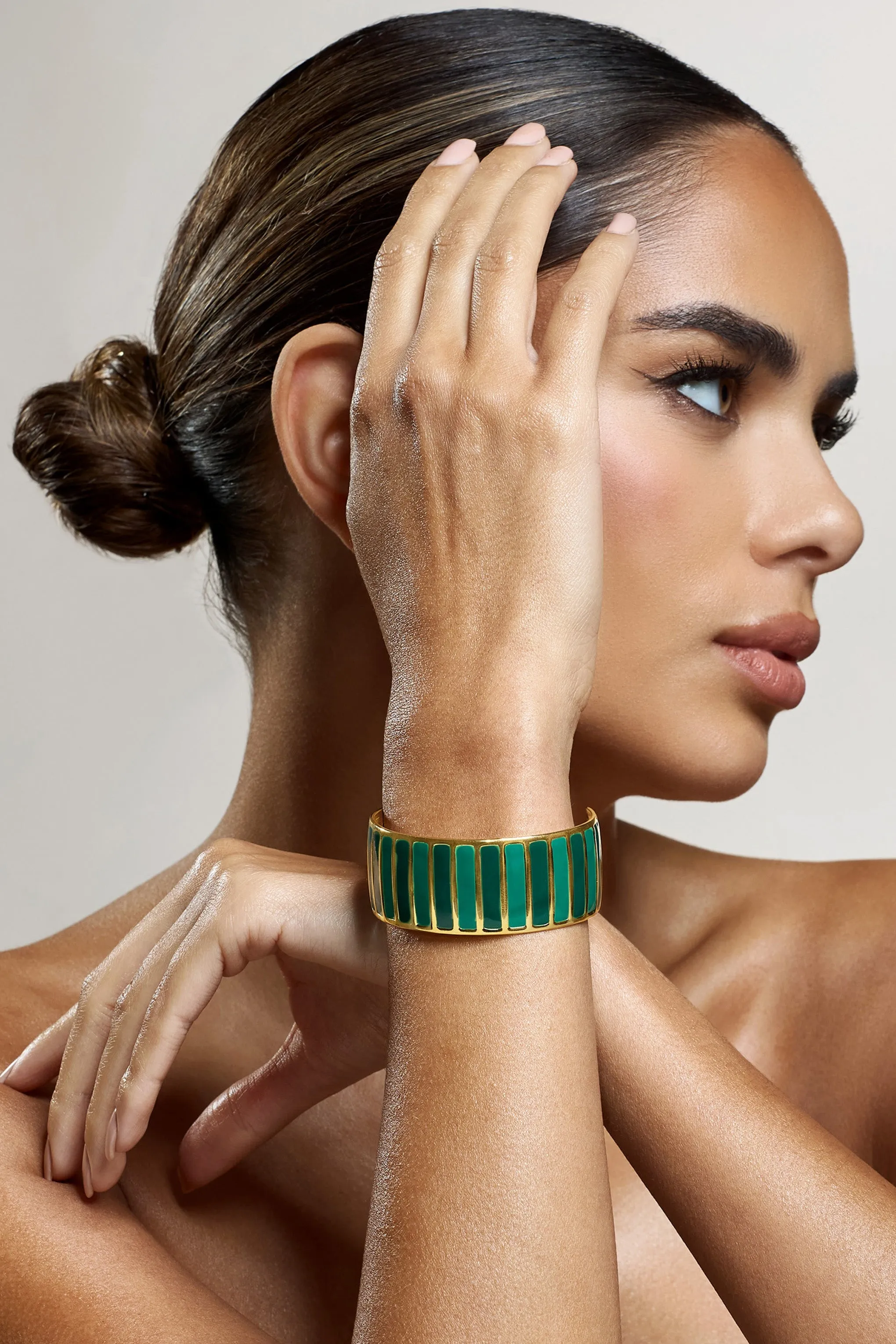 Yasmine | Jade Green Adjustable Gold Bangle sold by Club L London