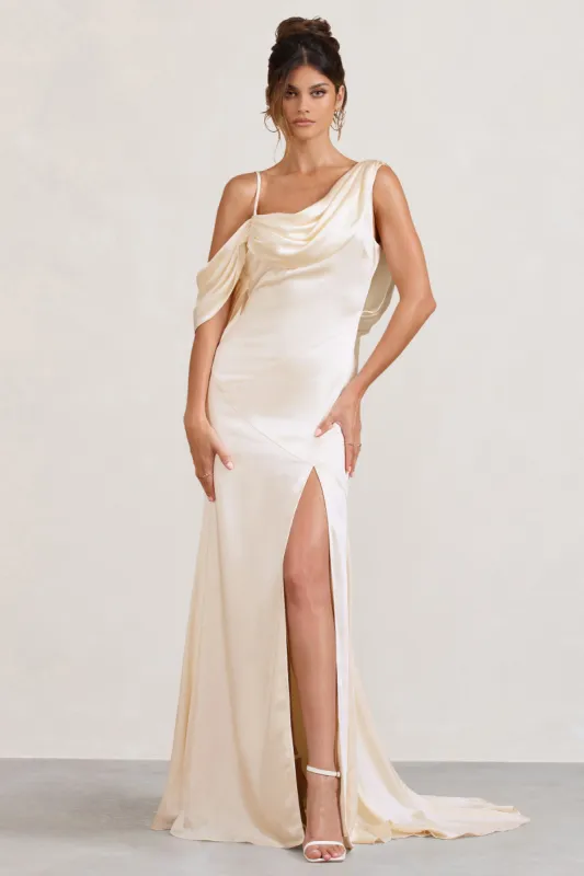 Jayne | Cream Satin Asymmetric Draped Split Maxi Dress sold by Club L London