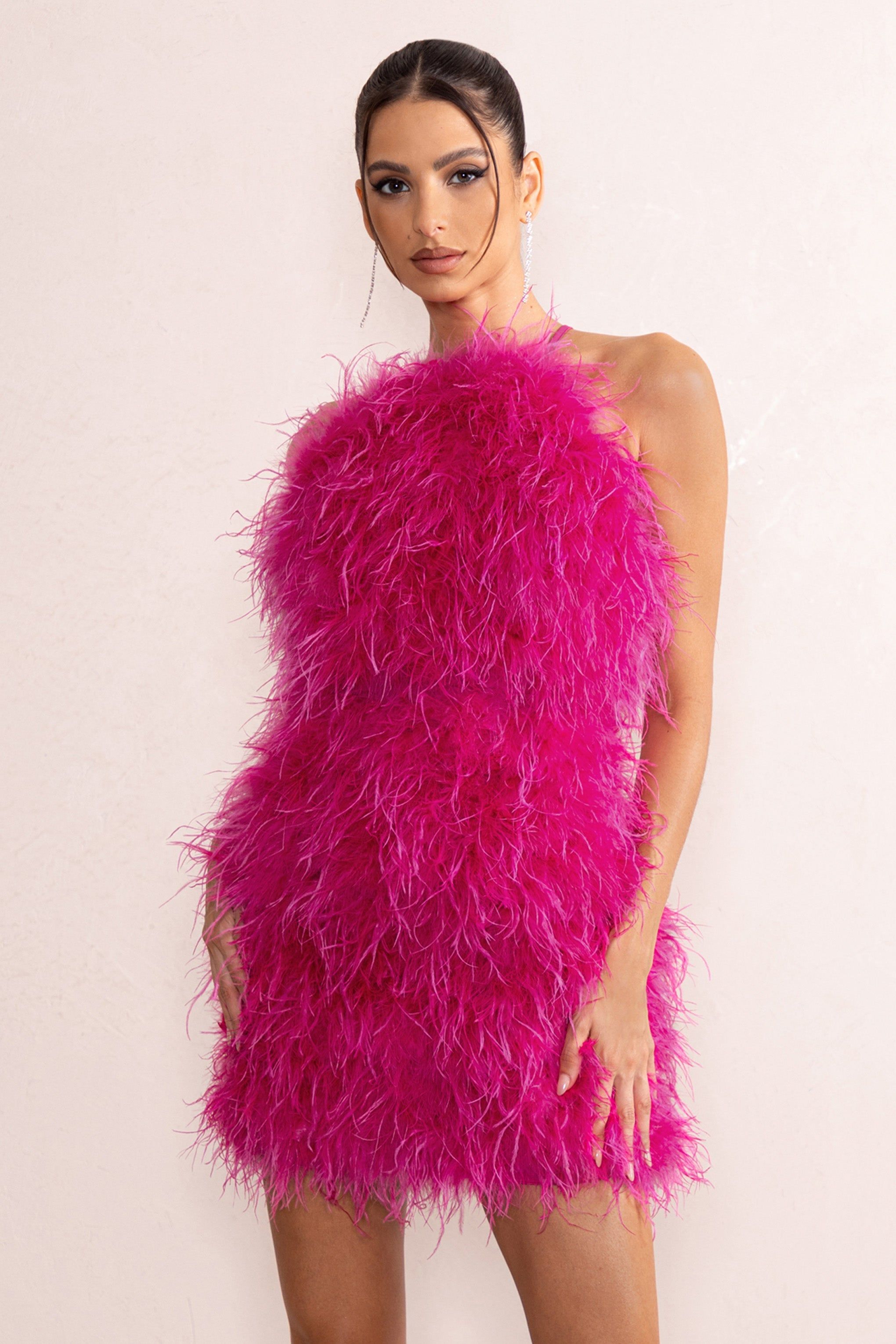 Gina | Pink High Neck Feather Mini Dress With Cross Back sold by Club L London product image thumbnail 3