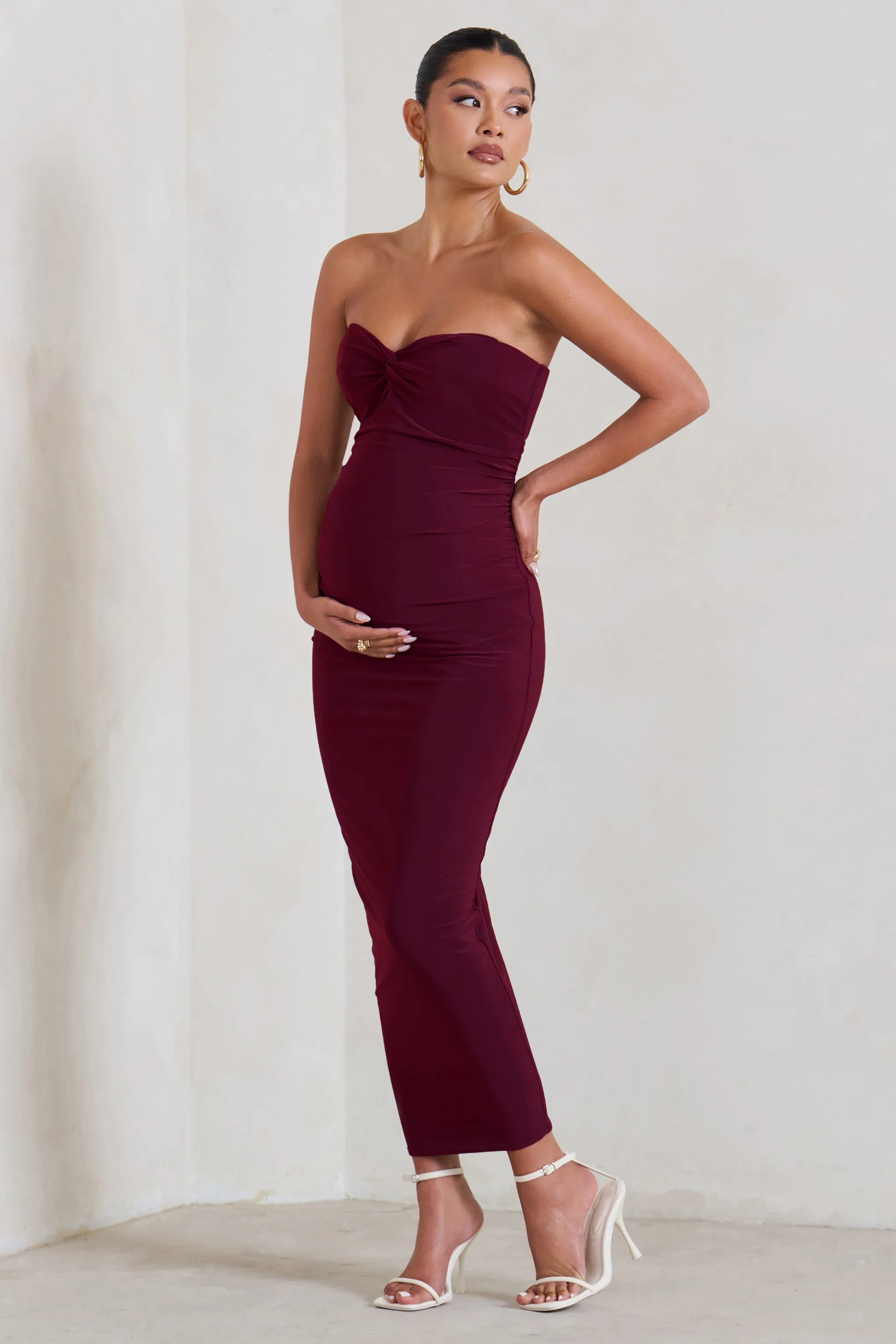 Evita | Burgundy Maternity Sweetheart Twist Detail Maxi Dress sold by Club L London product image thumbnail 4