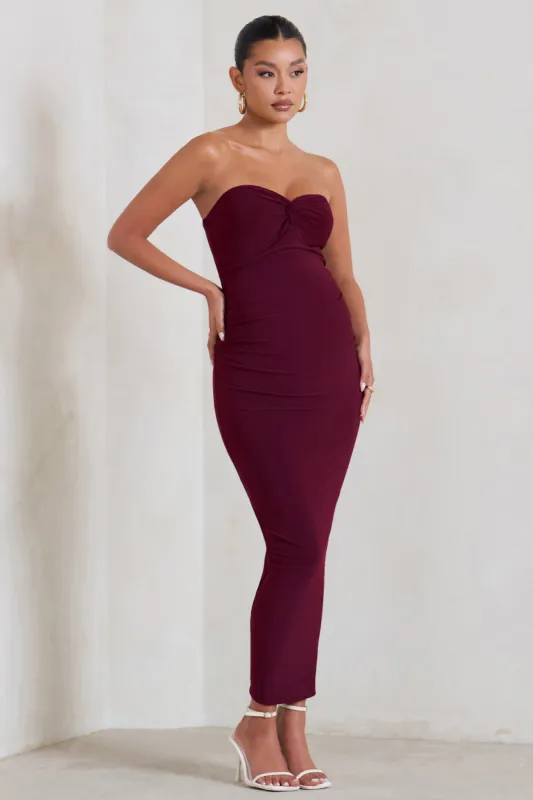 Evita | Burgundy Maternity Sweetheart Twist Detail Maxi Dress sold by Club L London