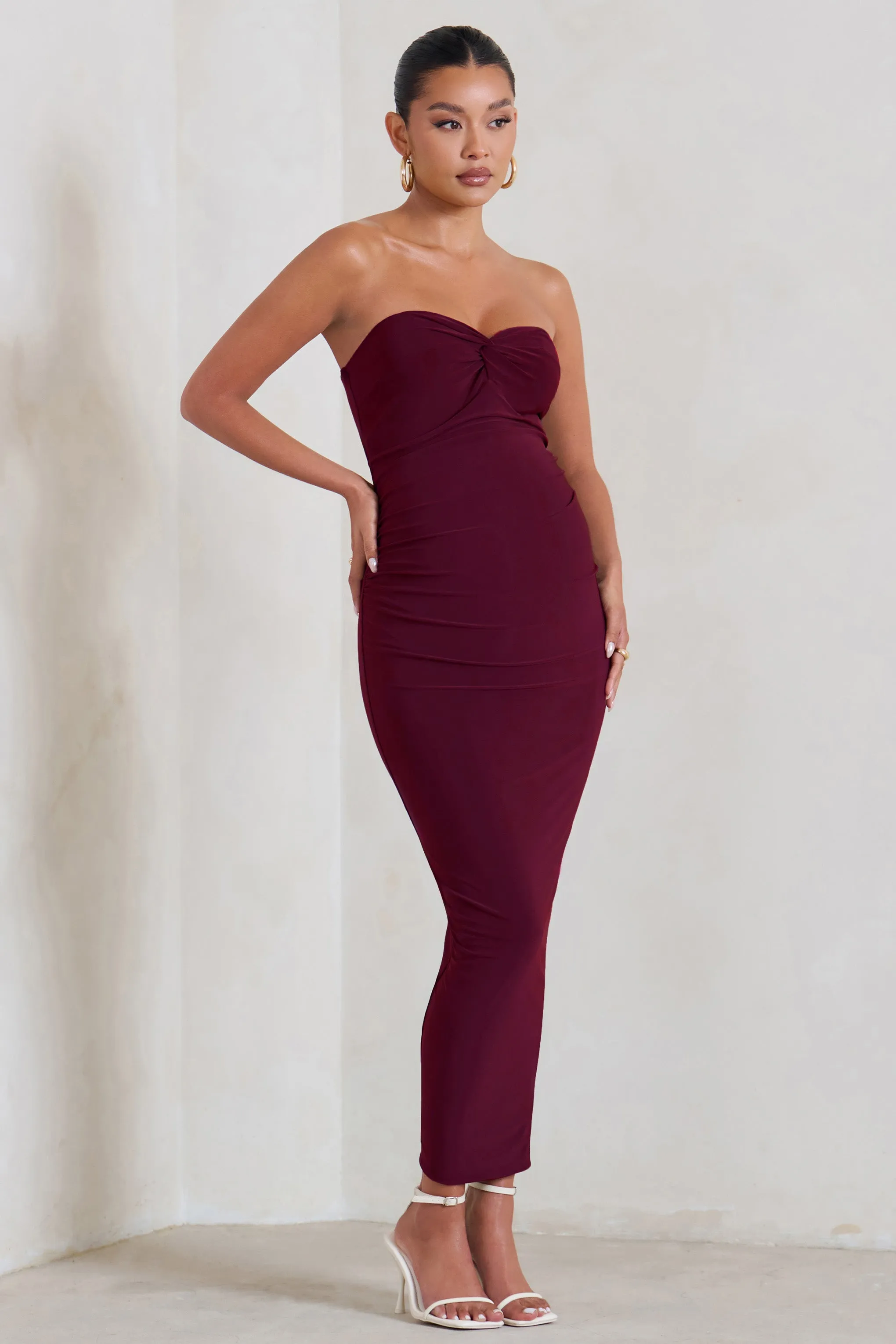 Evita | Burgundy Maternity Sweetheart Twist Detail Maxi Dress sold by Club L London