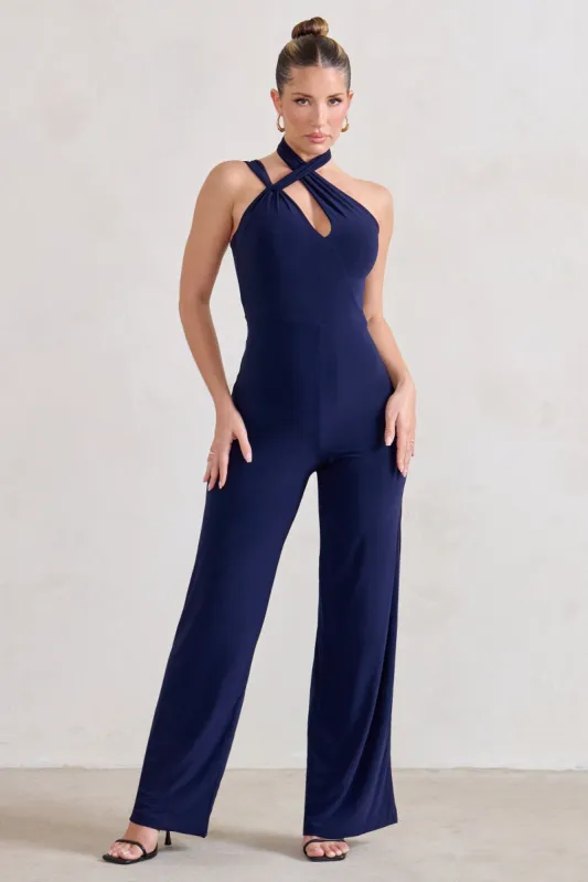 Tilly | Navy Cut Out Halterneck Asymmetrical Jumpsuit sold by Club L London