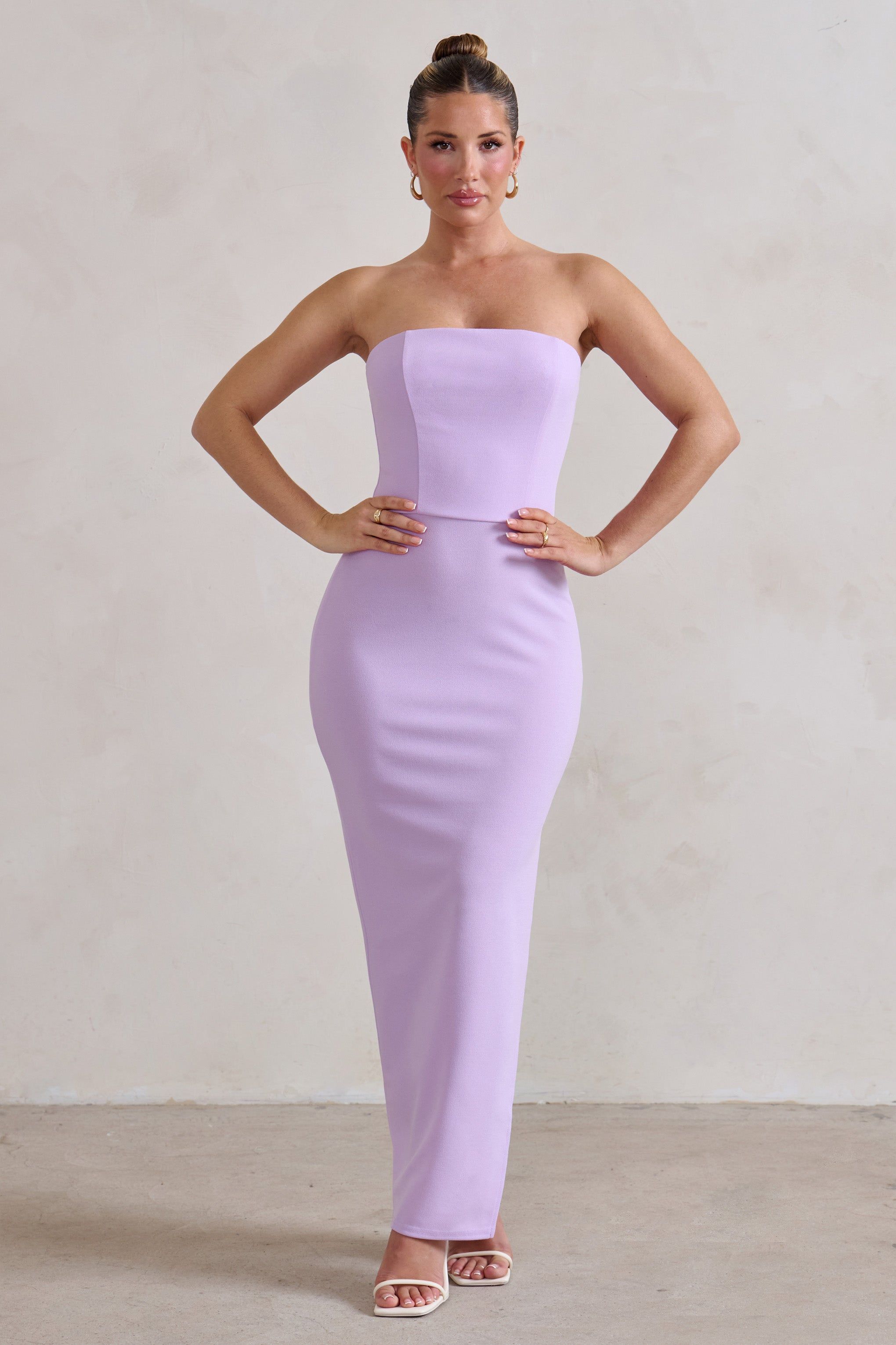 Dina | Lilac Bandeau Maxi Dress With Split sold by Club L London