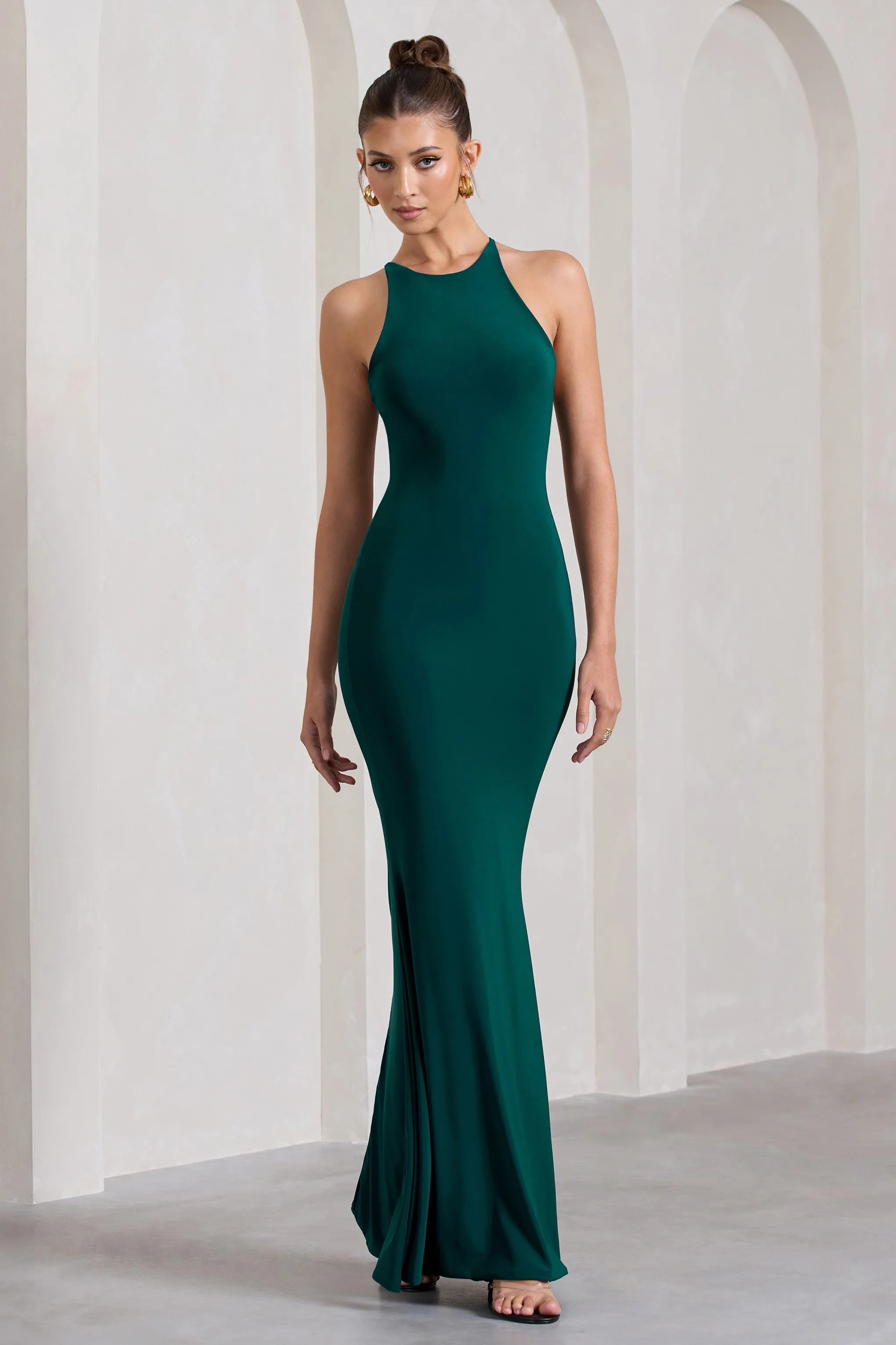 Brianna | Bottle Green Sleeveless Halter-Neck Open-Back Maxi Dress sold by Club L London