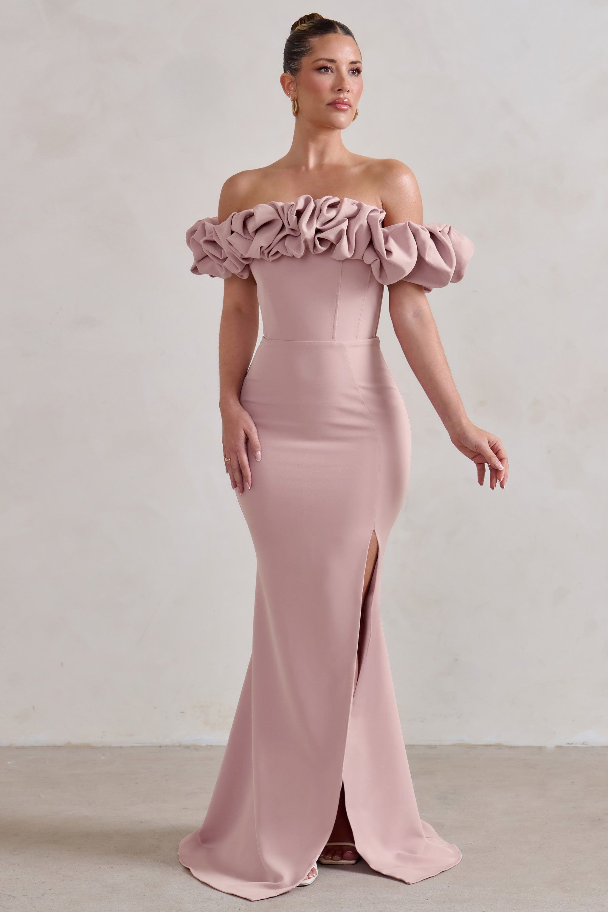 Esmeralda | Blush Pink Structured Statement Bardot Maxi Dress sold by Club L London product image thumbnail 5