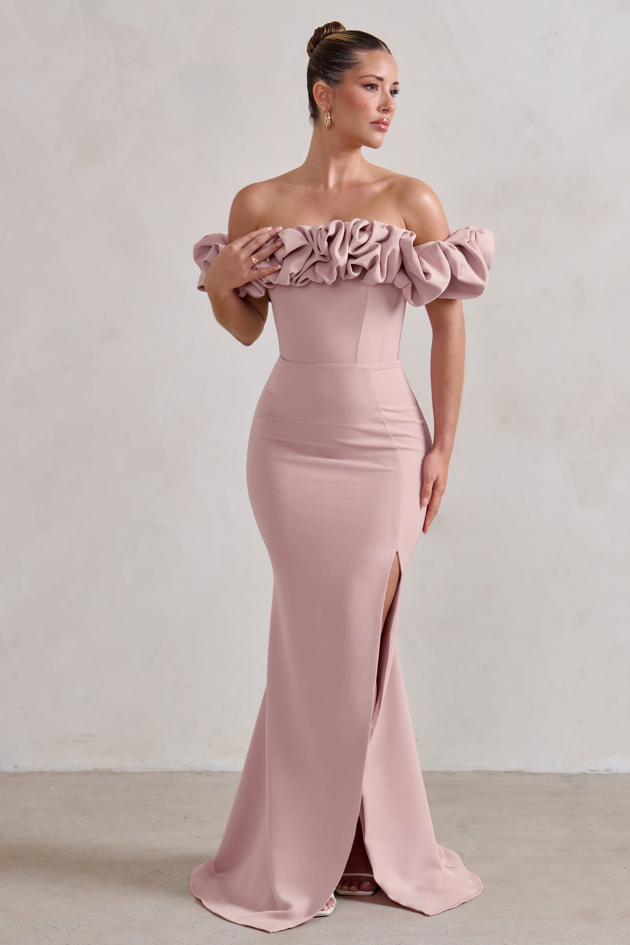 Esmeralda | Blush Pink Structured Statement Bardot Maxi Dress | Parallel Esmeralda | Blush Pink Structured Statement Bardot Maxi Dress | Parallel