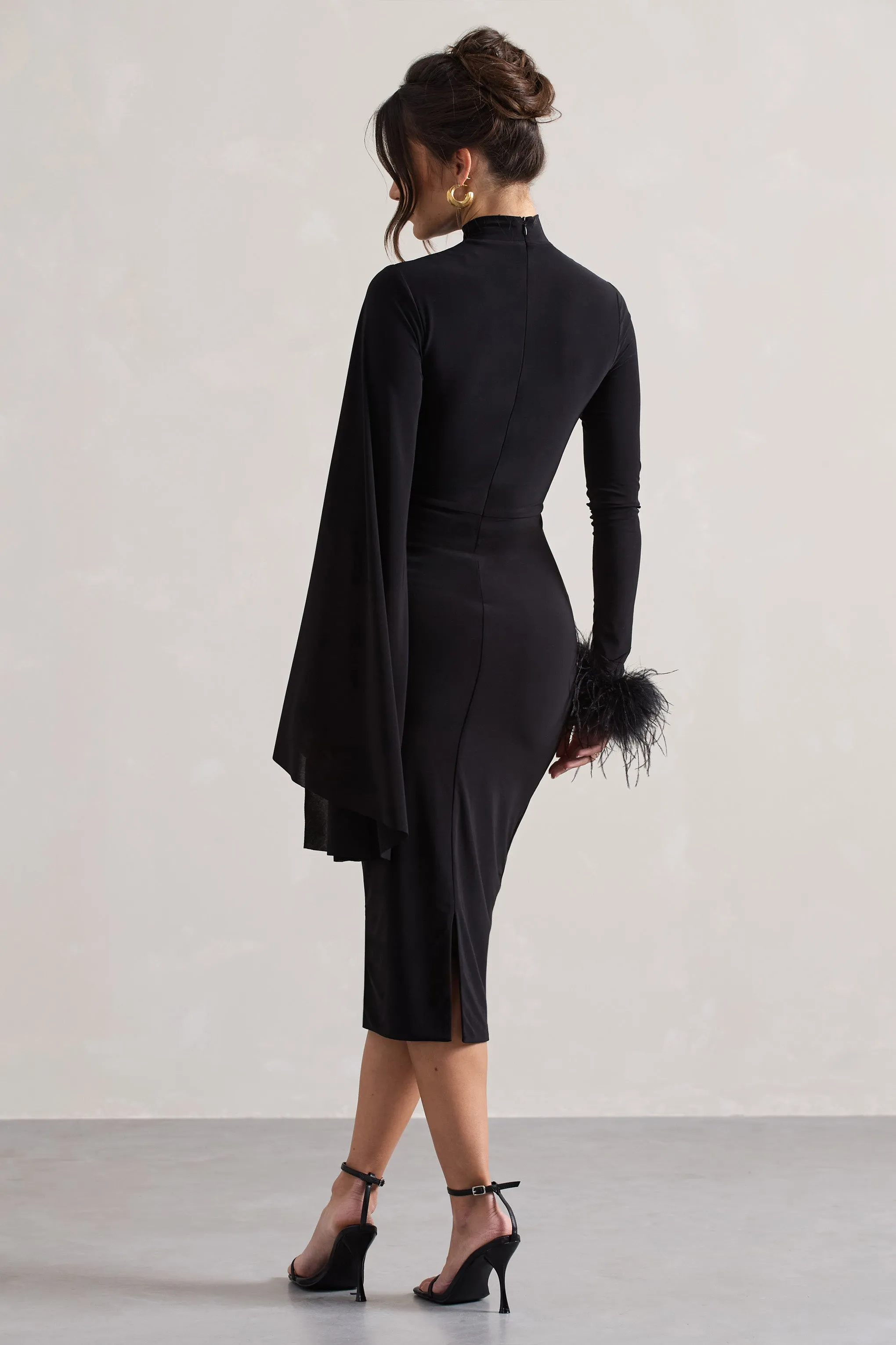 Tamika | Black High-Neck Cape-Sleeve Midi Dress With Feathers sold by Club L London product image thumbnail 2
