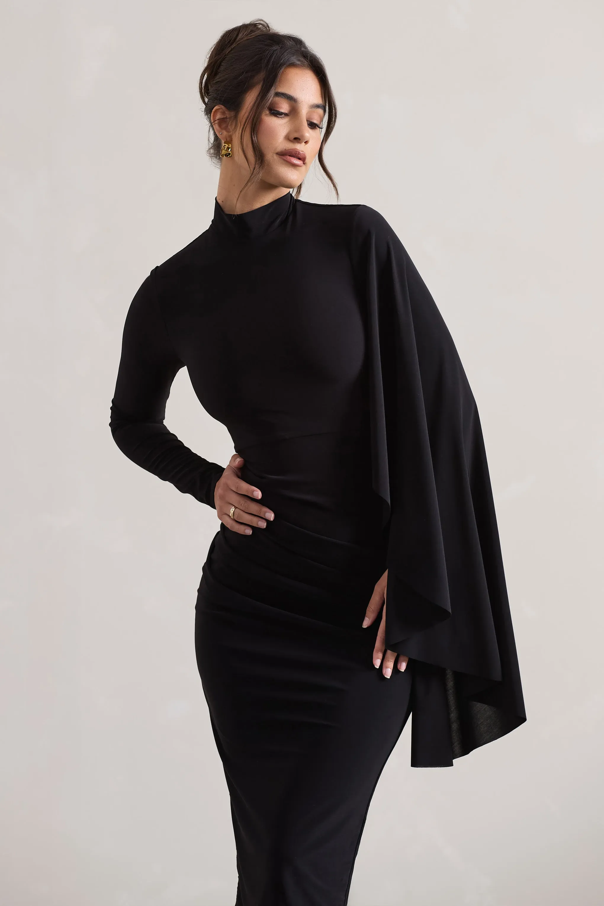 Tamika | Black High-Neck Cape-Sleeve Midi Dress With Feathers sold by Club L London product image thumbnail 3